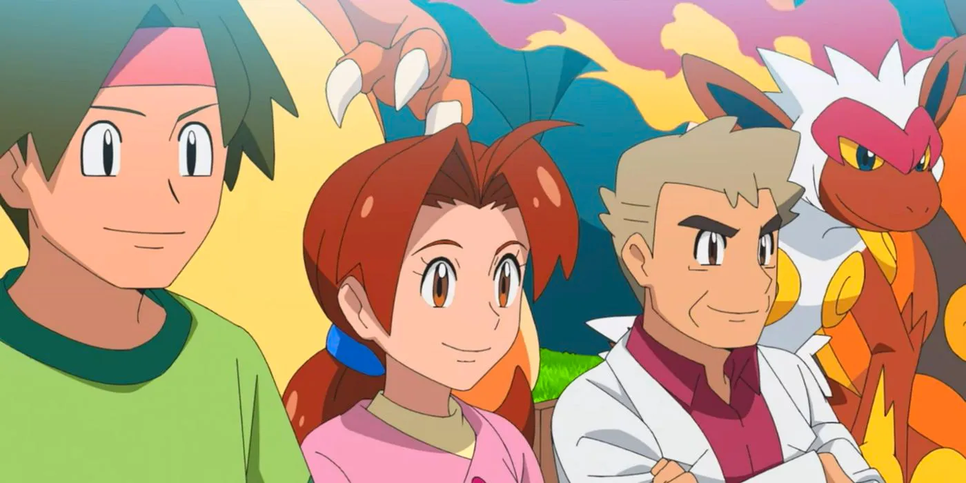 Pokemon: Tracey alongside Professor Oak and Ash's mom. Image