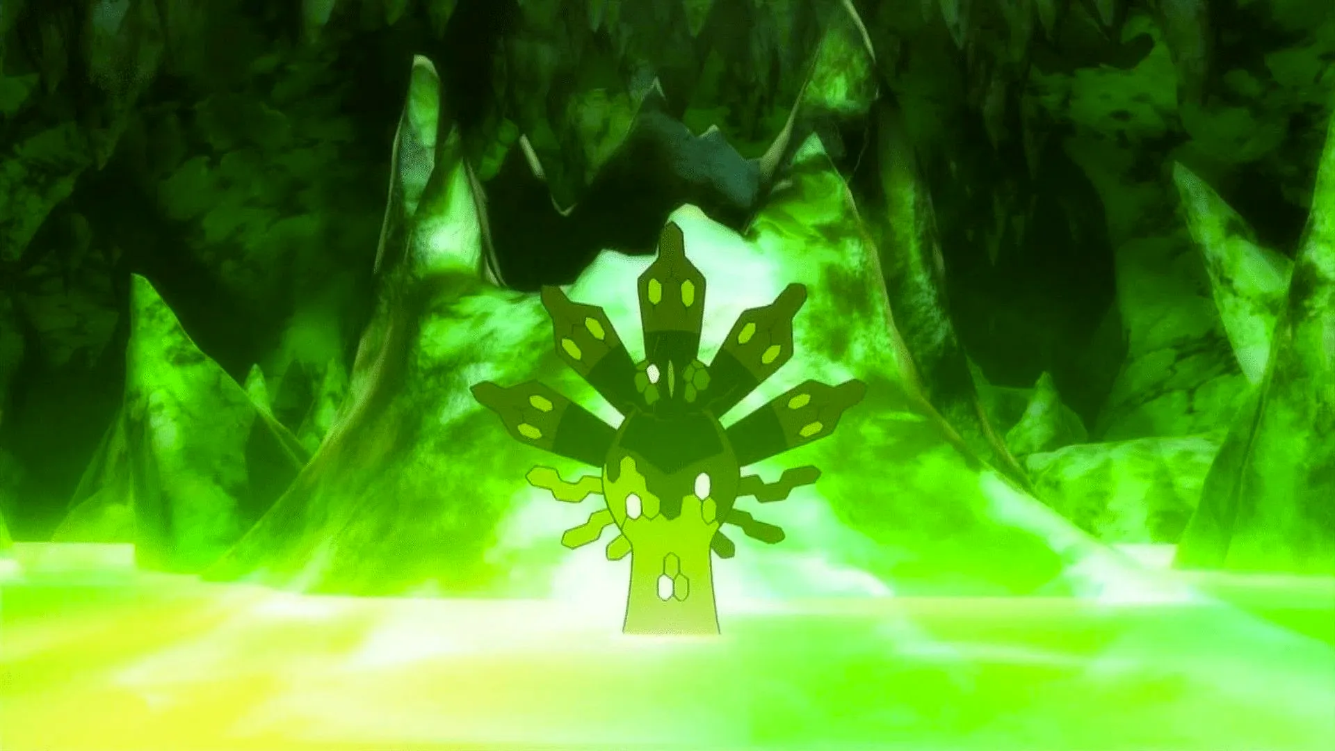 Pokemon Zygrade screenshot from the anime, standing in a cave of green rocks and water. Image