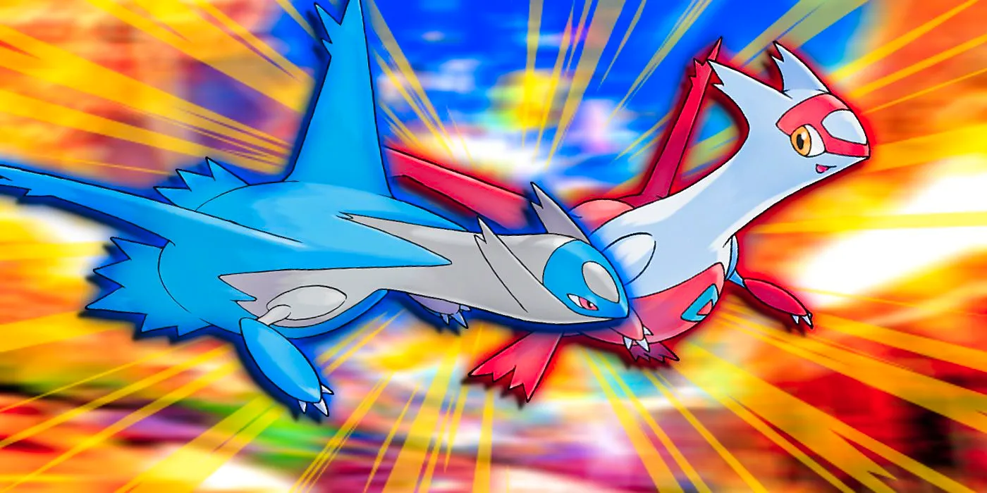 Pokémon's Latios and Latias fly side by side. Image