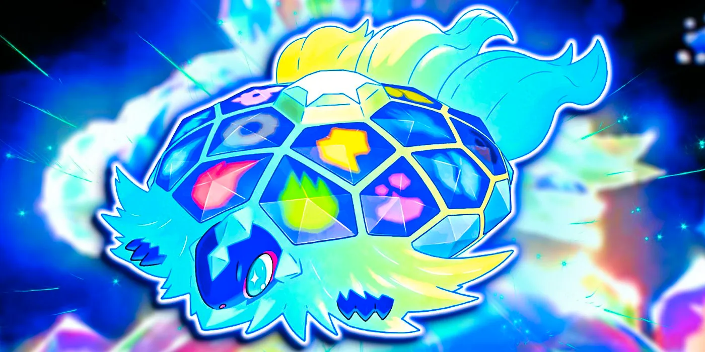 Pokemon's Terapagos floats in its Terastal form as colorful lights illuminate the background. Image