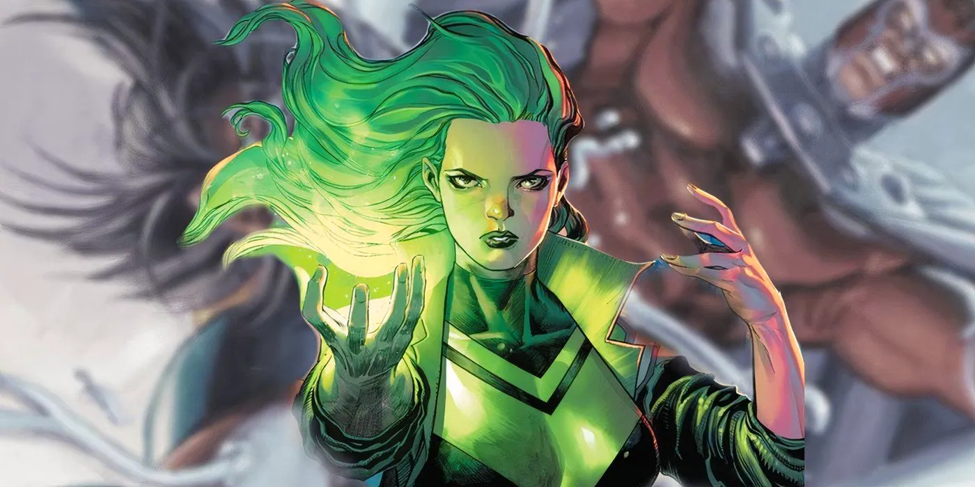 Polaris glowing green with power while Magneto is standing behind her. Image