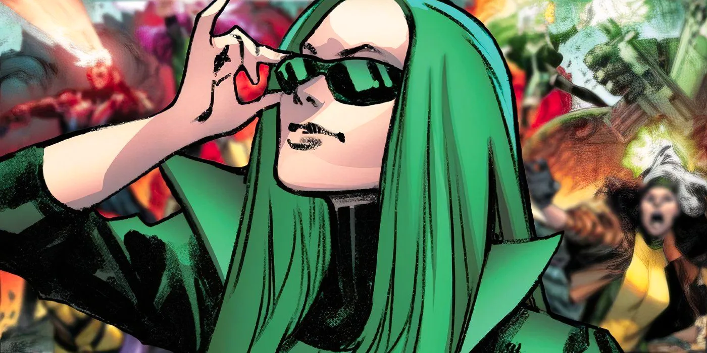 Polaris putting on a pair of sunglasses in front of an image of the X-Men fighting Sentinels. Image