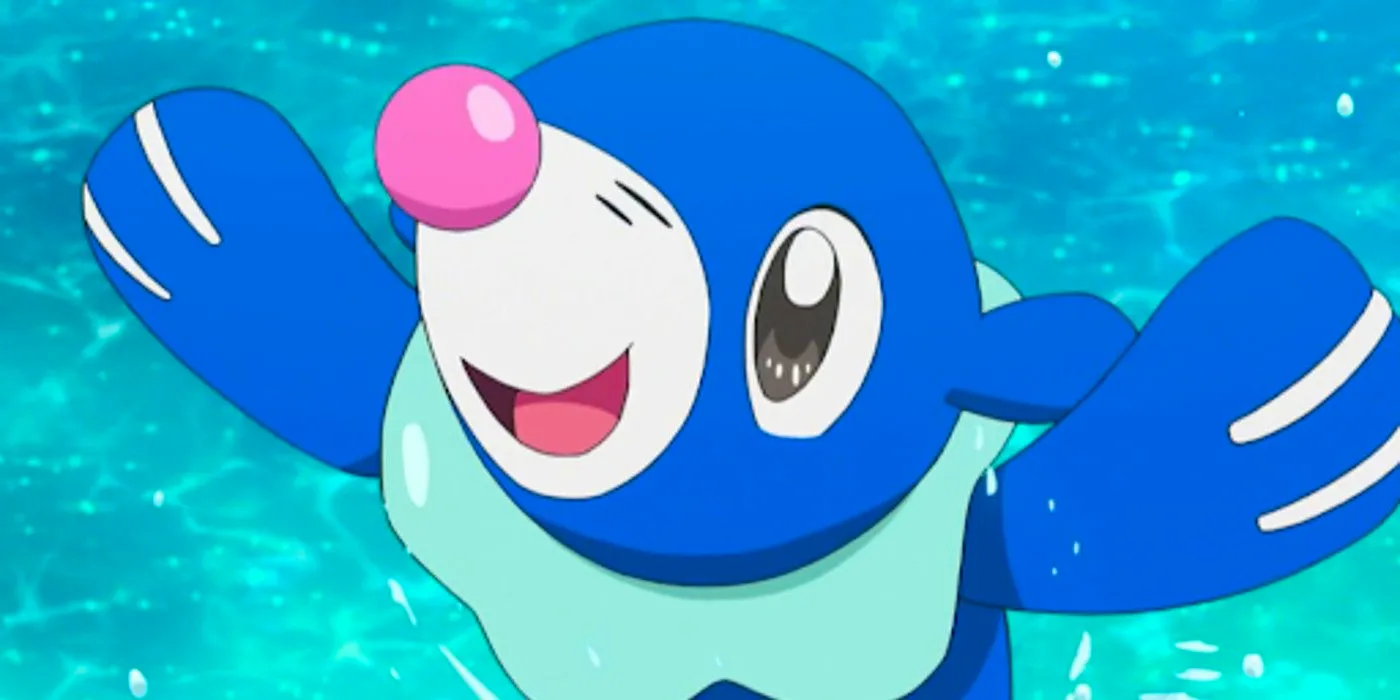 Popplio splashing in a pool in the Pokémon anime. Image