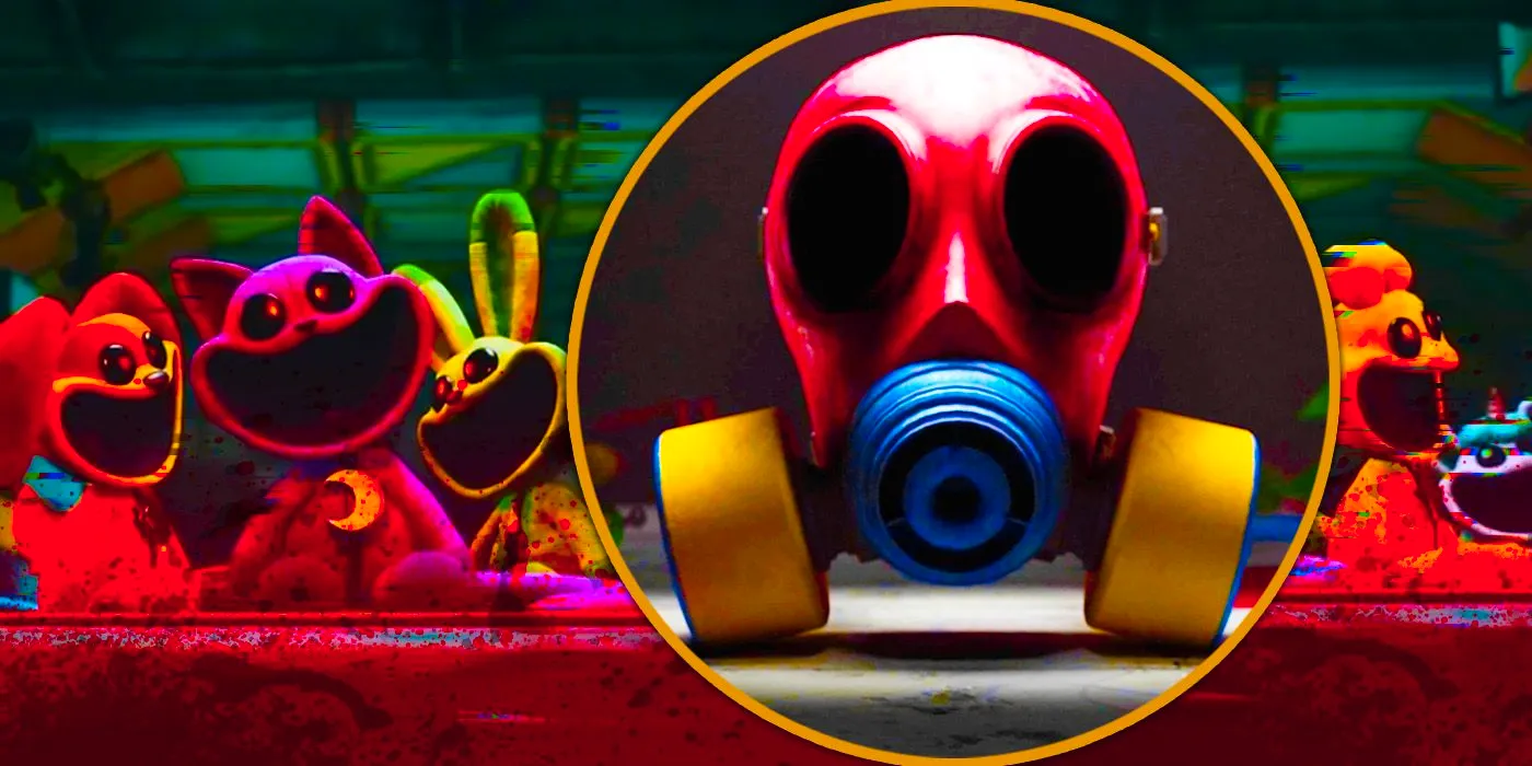 Poppy Playtime Header showing a row of stuffed plushes and a gas mask highlighted slightly left of center. Image