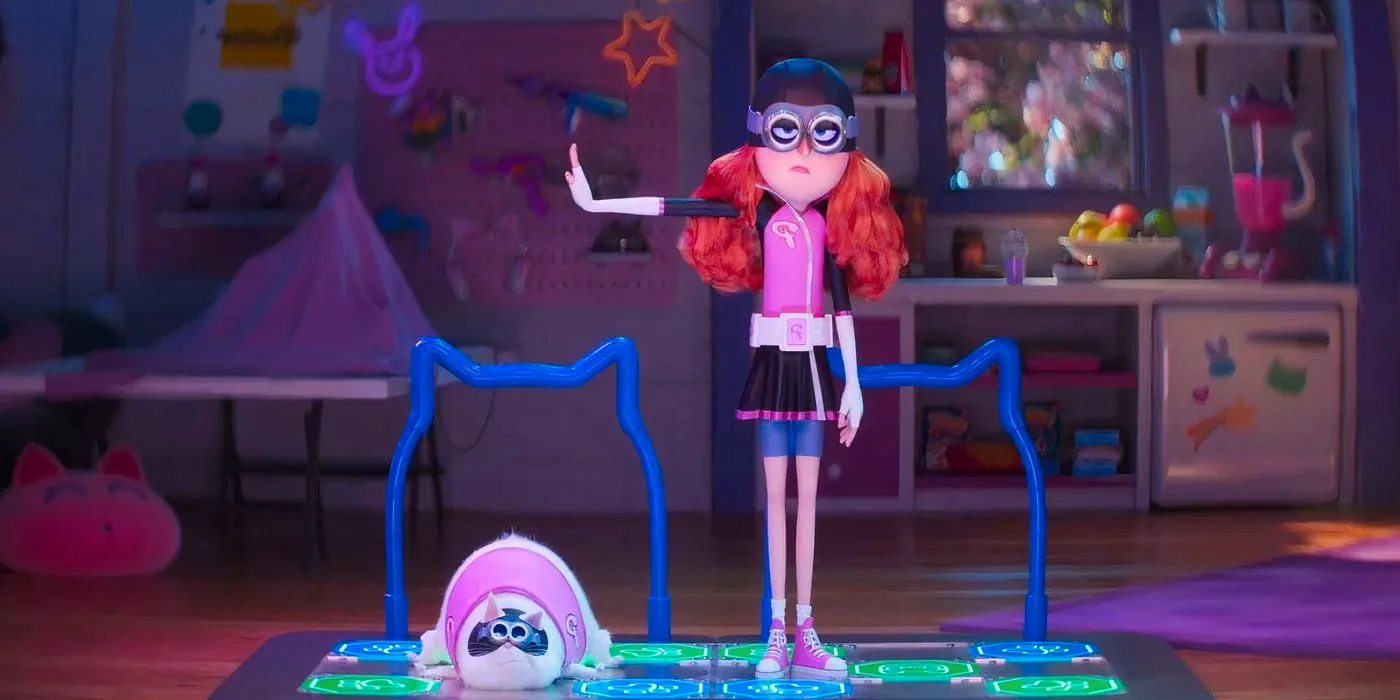 Poppy stands on the floor of a dance video game next to a white cat in Despicable Me 4 Image