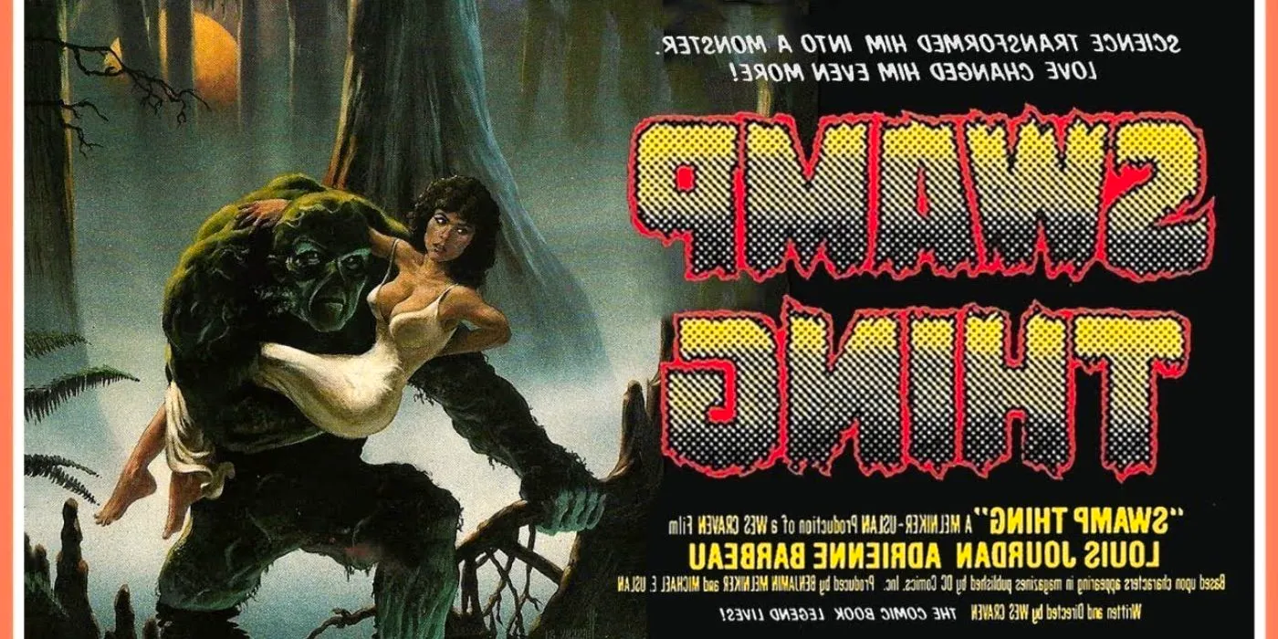 Poster to the 1982 Swamp Thing movie, with Swamp Thing carrying Alice Cable through the swampland. Image