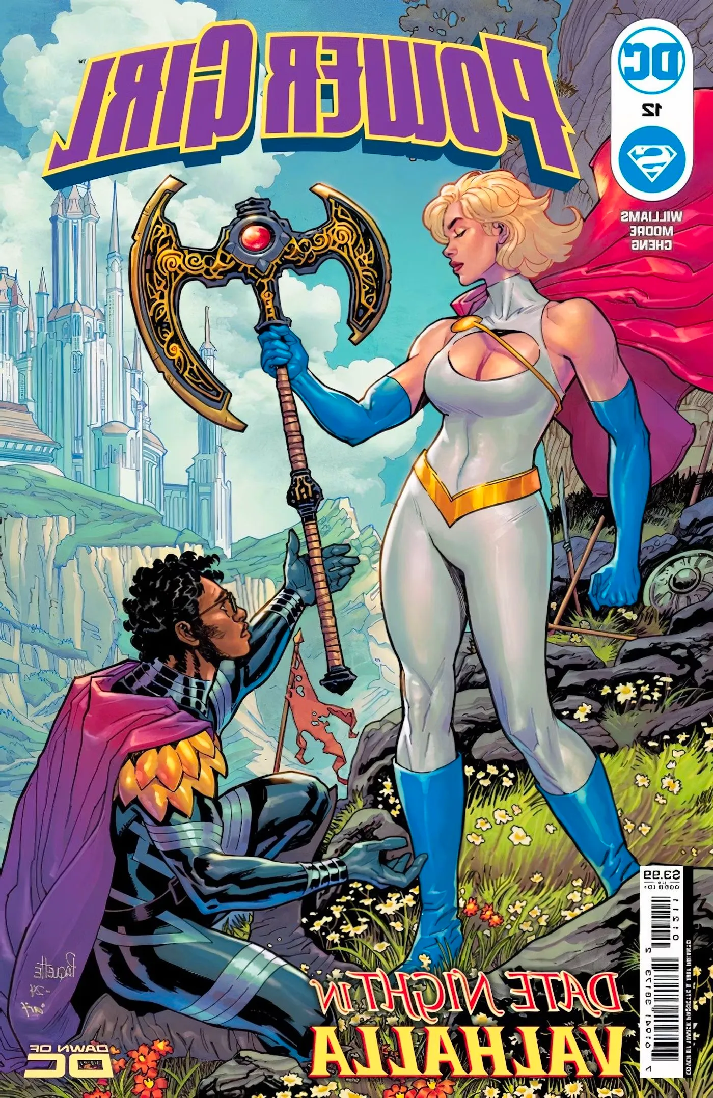 Power Girl 12 Main Cover: Power Girl holds an axe while Axel Gust kneels in front of her. Image