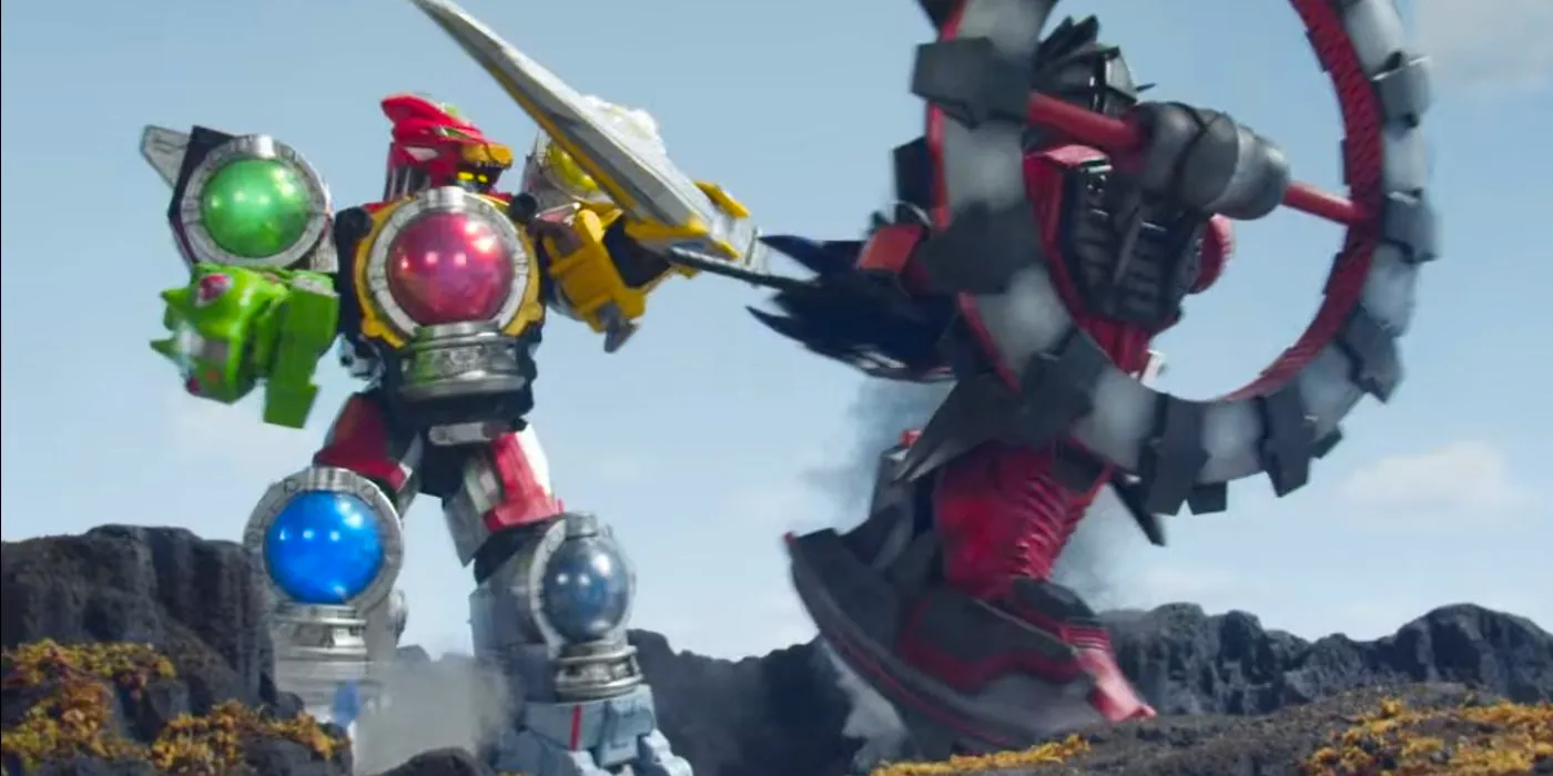 Power Rangers Cosmic Fury Megazord fighting a monster Image