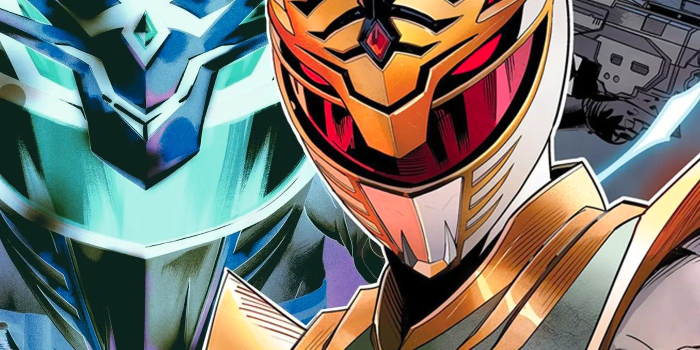 Power Rangers' Lord Drakkon (foreground) with a close up of another Rangers' helmet in the background. Image