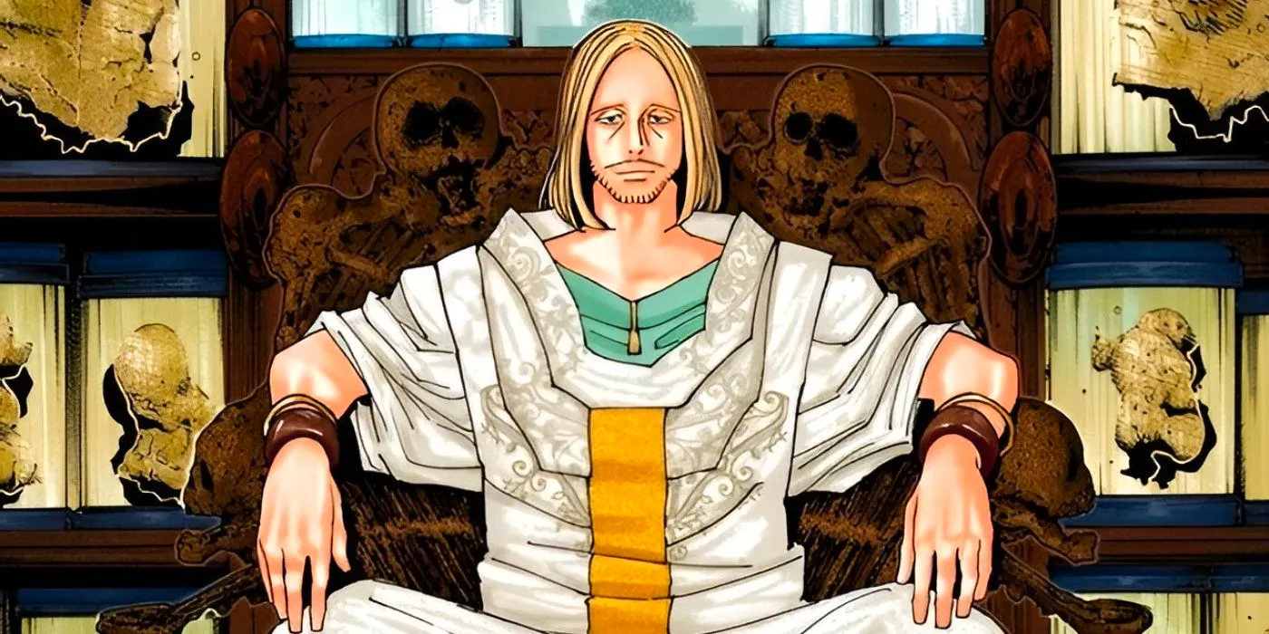 Prince Tserriednich sits in his robe while showcasing his collection of human body parts from a colorized panel in Hunter x Hunter. Image