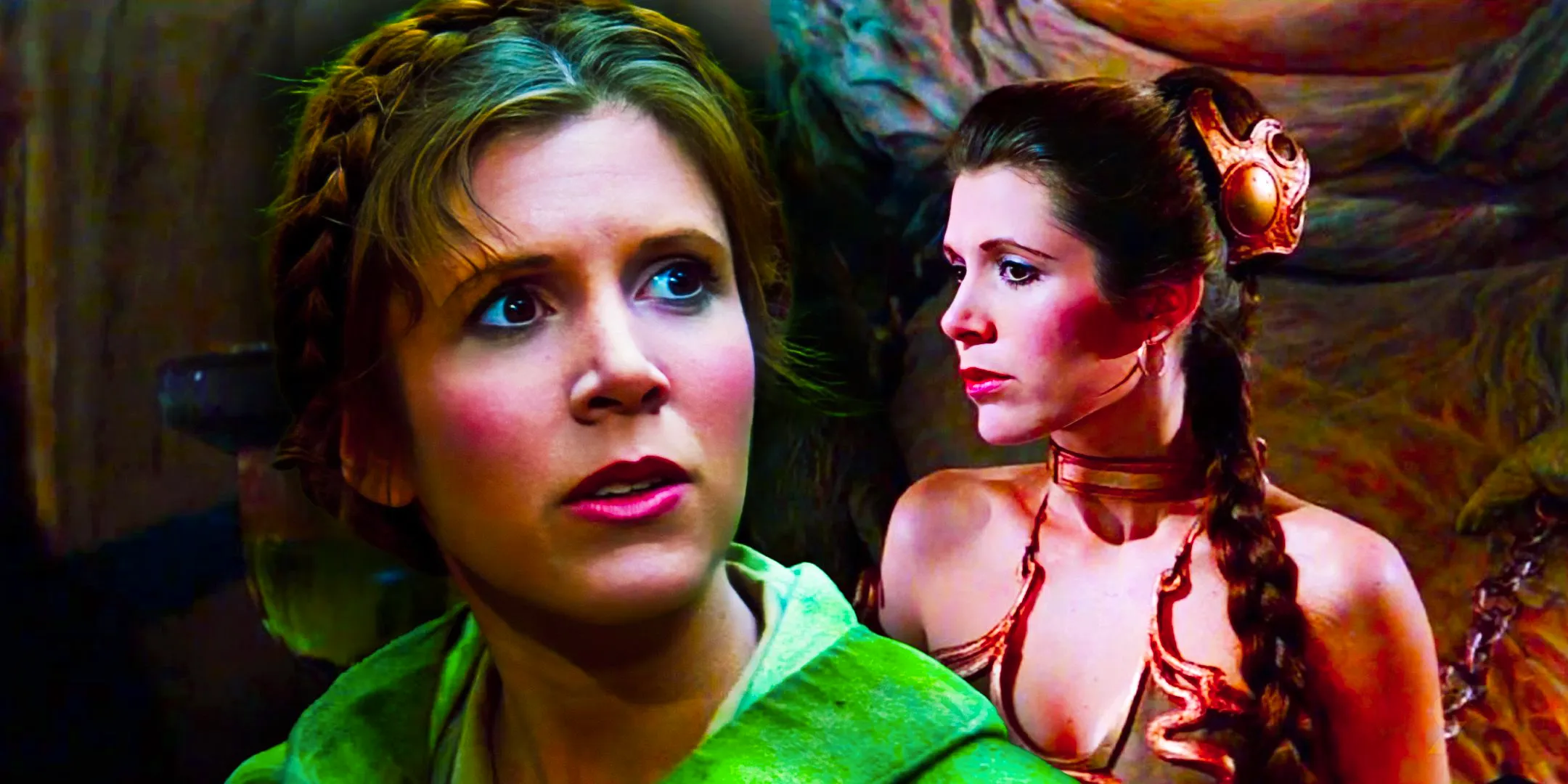 Princess Leia in her Huttslayer outfit to the left and in her Endor outfit to the right  Image