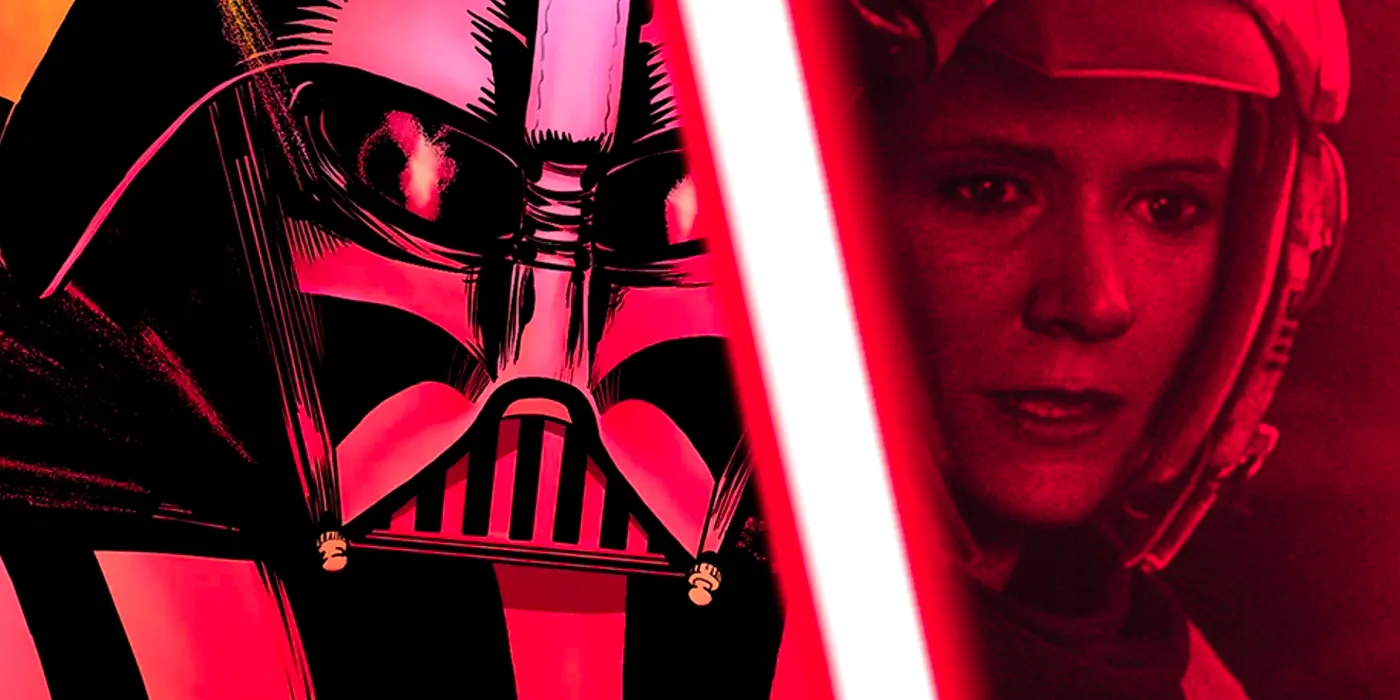 Princess Leia (left) in her Endor headgear, and Darth Vader (right) both lit by the glow of his red lightsaber. Image