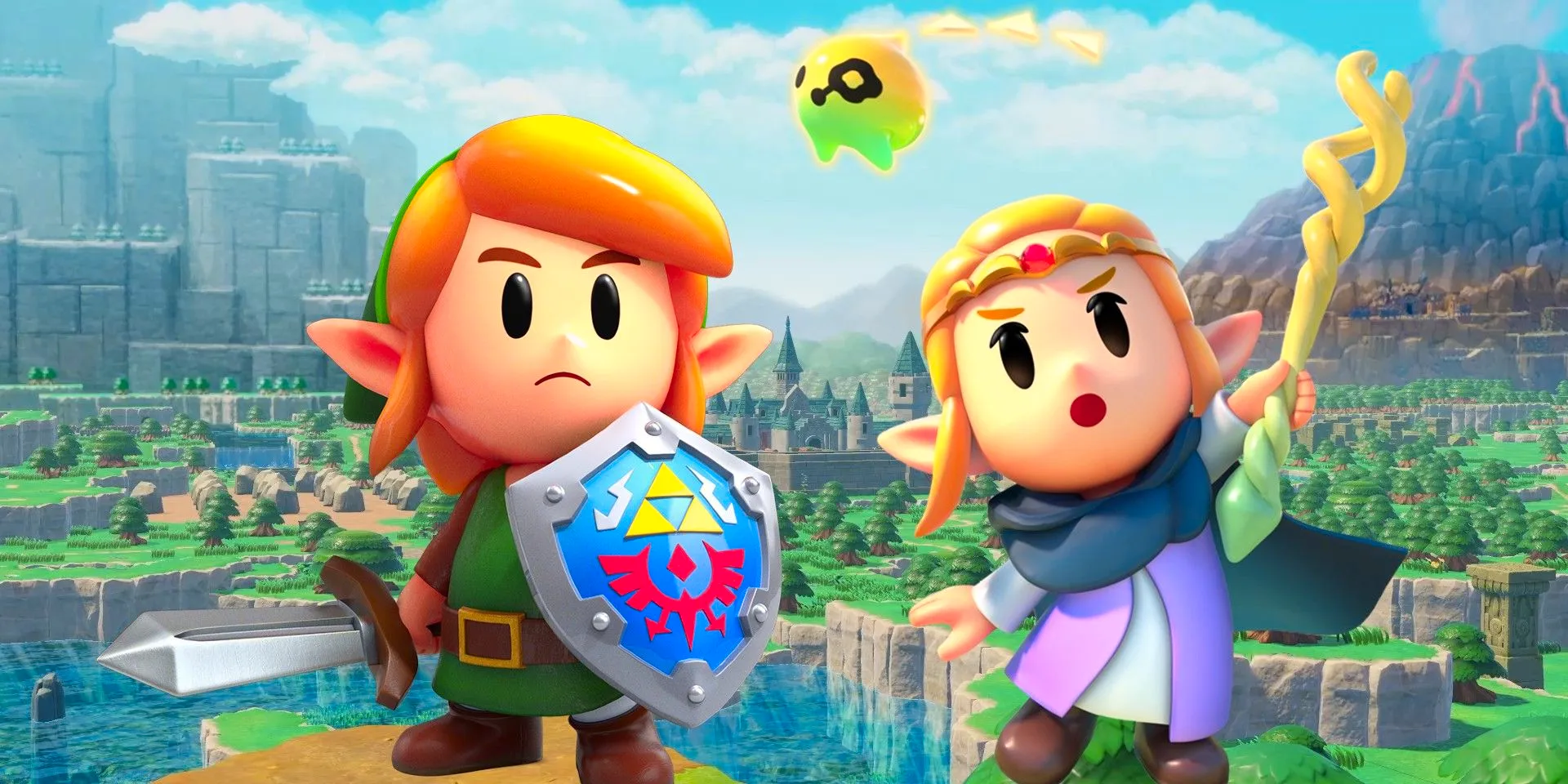 Princess Zelda from The Legend of Zelda: Echoes of Wisdom against a background from the game, with the version of Link from Link's awakening. Image