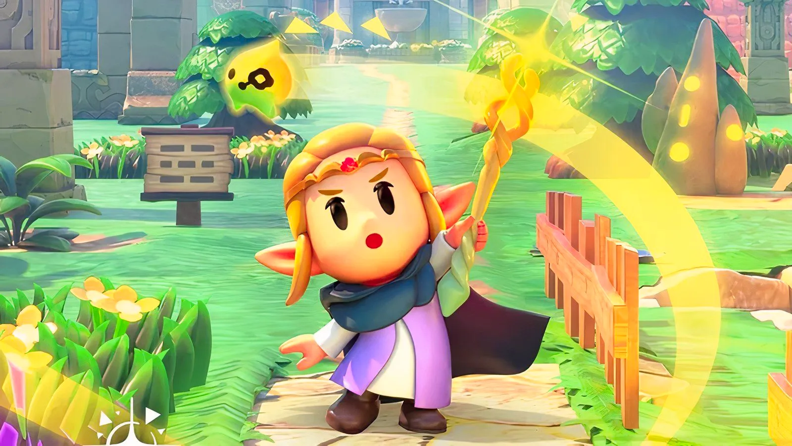 Princess Zelda in Echoes of Wisdom holding a glowing wand above her head. Image