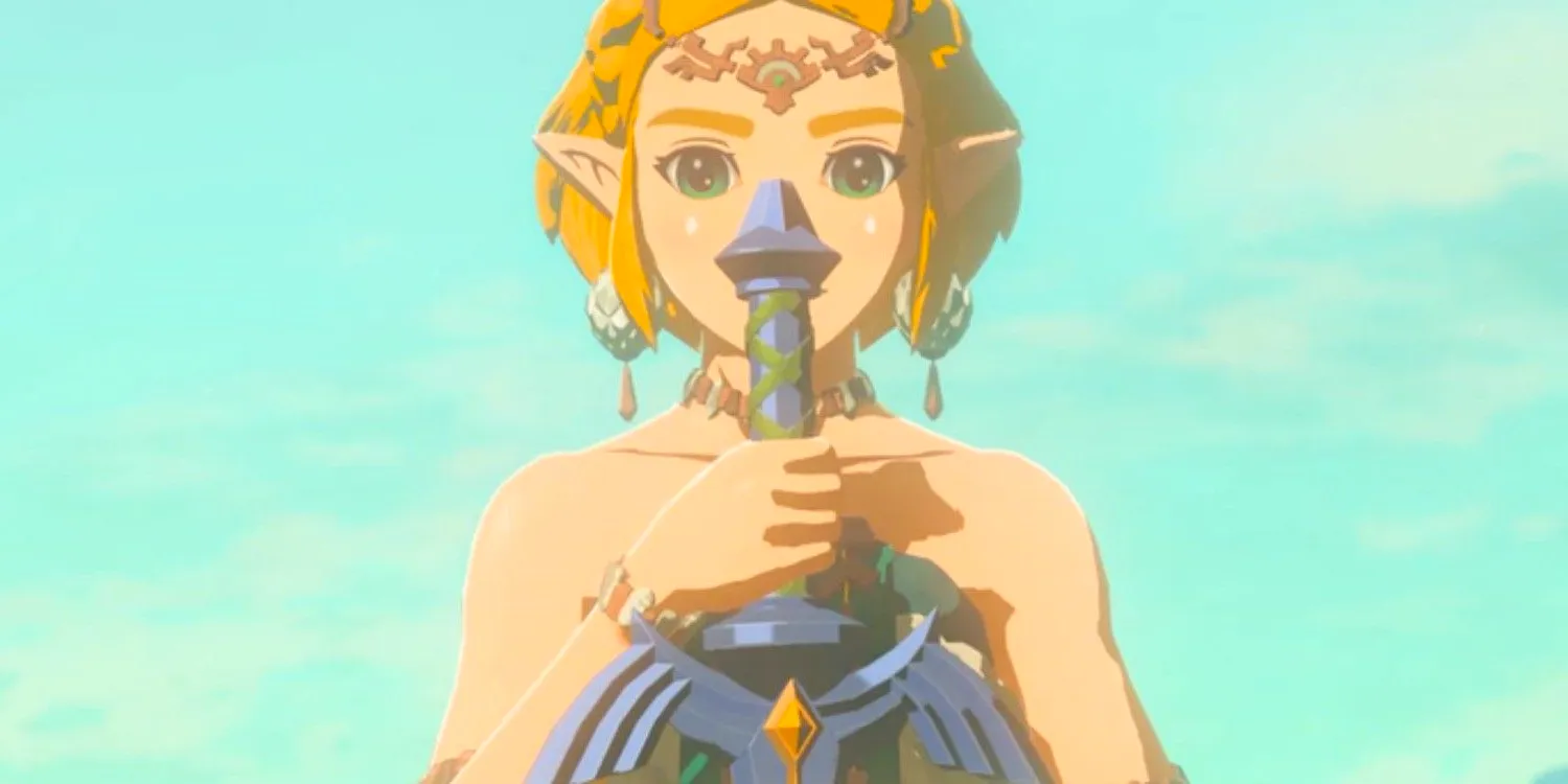 Princess Zelda in Tears of the Kingdom, holding the Master Sword in from of her face. Image