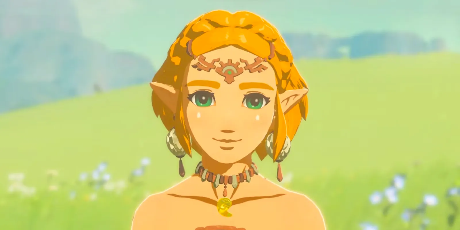 Princess Zelda smiling in her Zonai outfit during the ending of The Legend of Zelda: Tears of the Kingdom. Image