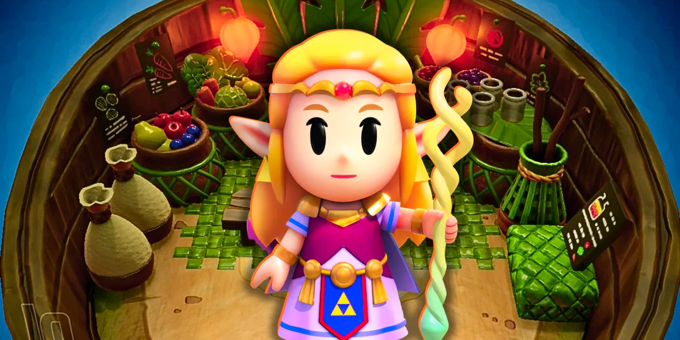 Princess Zelda standing in front of an image of the Smoothie shop in Echoes of Wisdom Image