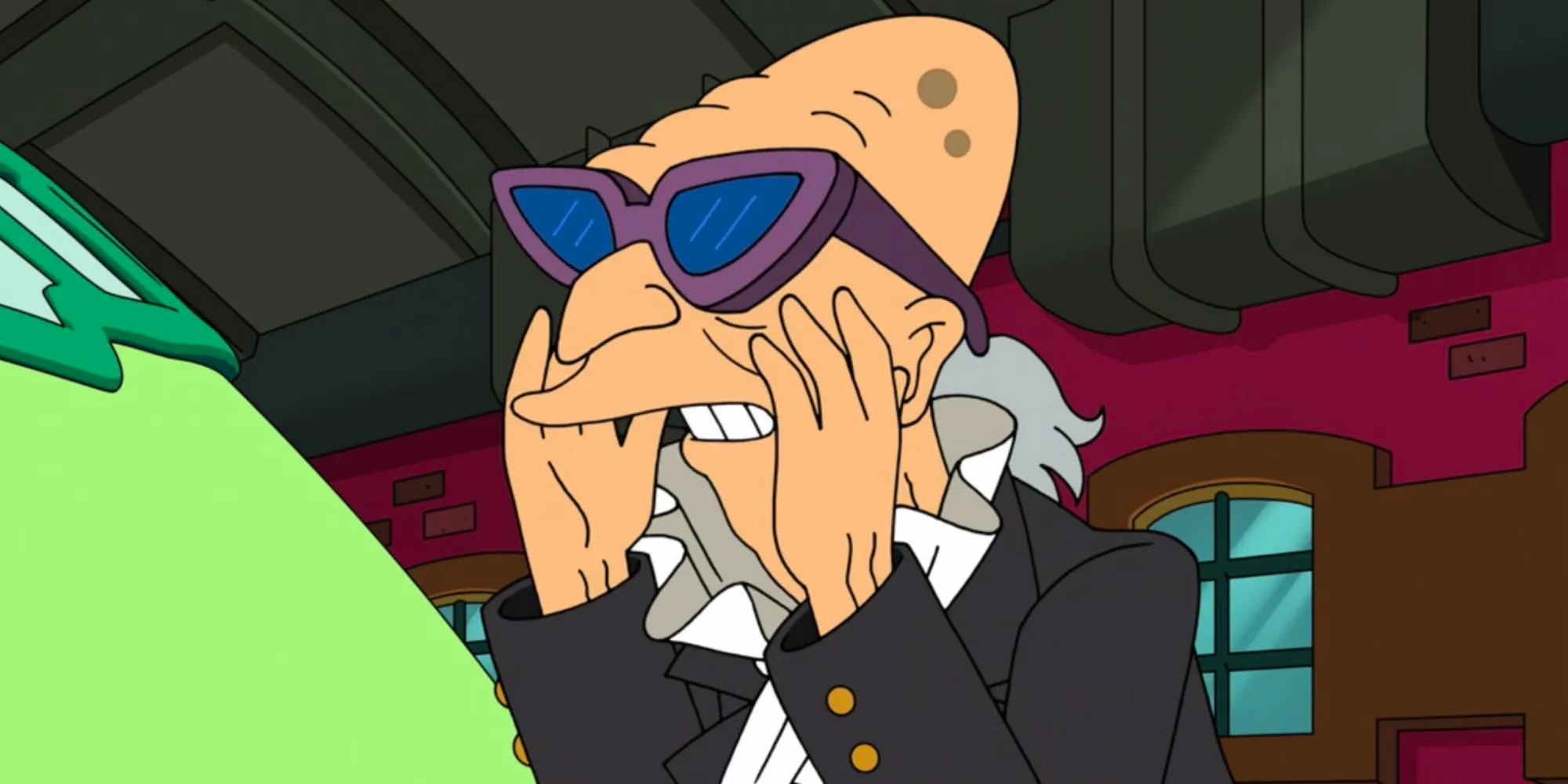 Professor Farnsworth with his hands by his face on Futurama Image