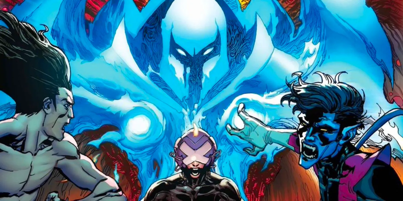 Professor X, with a ghostly outline of Onslaught above him, surrounded by Nightcrawler and Legion Image