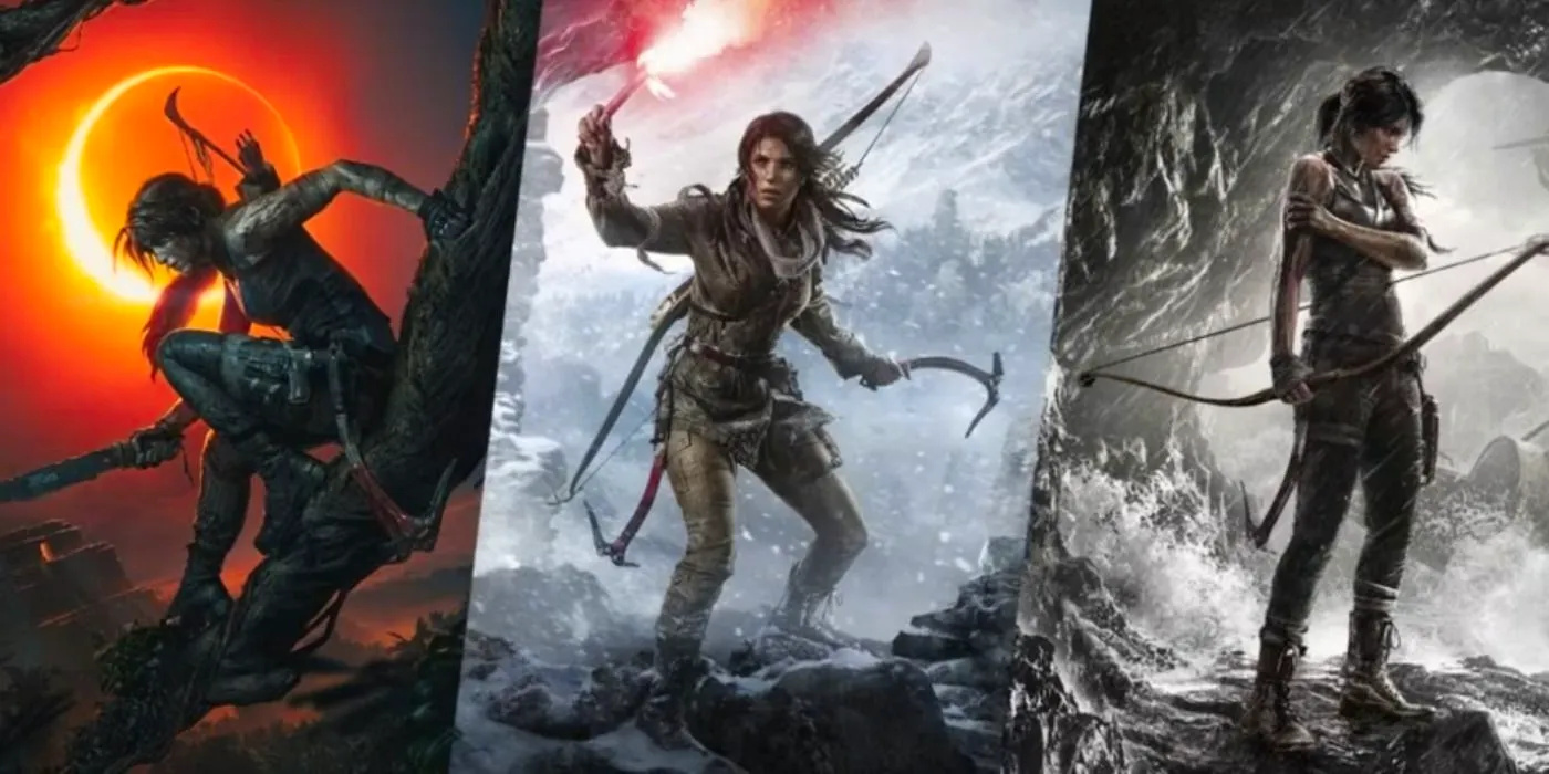 Promo art of Lara Croft in Tomb Raider, Rise of the Tomb Raider, and Shadow of the Tomb Raider settings. Image