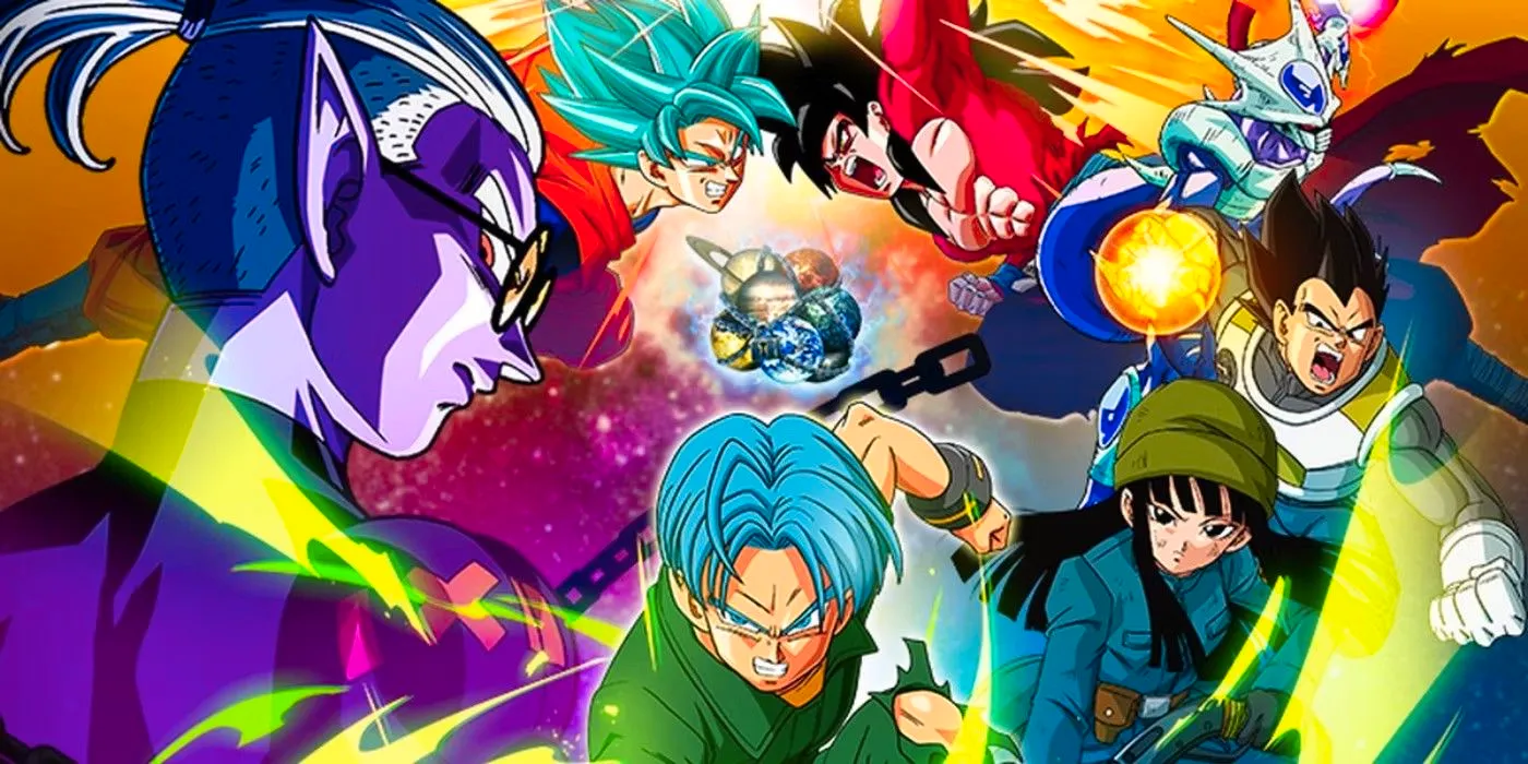 Promo images of Super Dragon Ball Heroes featuring Trunks, Mai, Goku, Vegeta, and Fu. Image