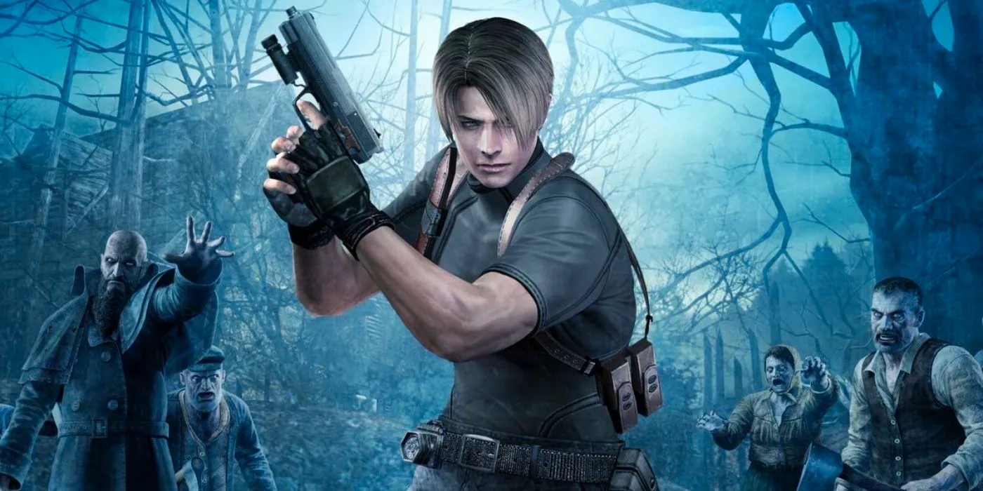 Promotional art for the original Resident Evil 4, showing Leon holding a pistol in a forest, surrounded by Ganados. Image