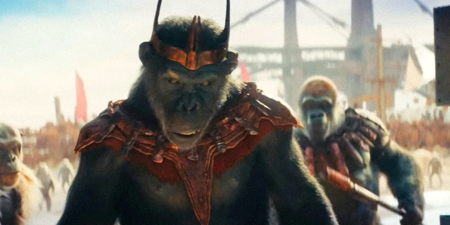 Proximus Caesarangry looking and ape warrior on the back in kingdom of the planet of the apes Image