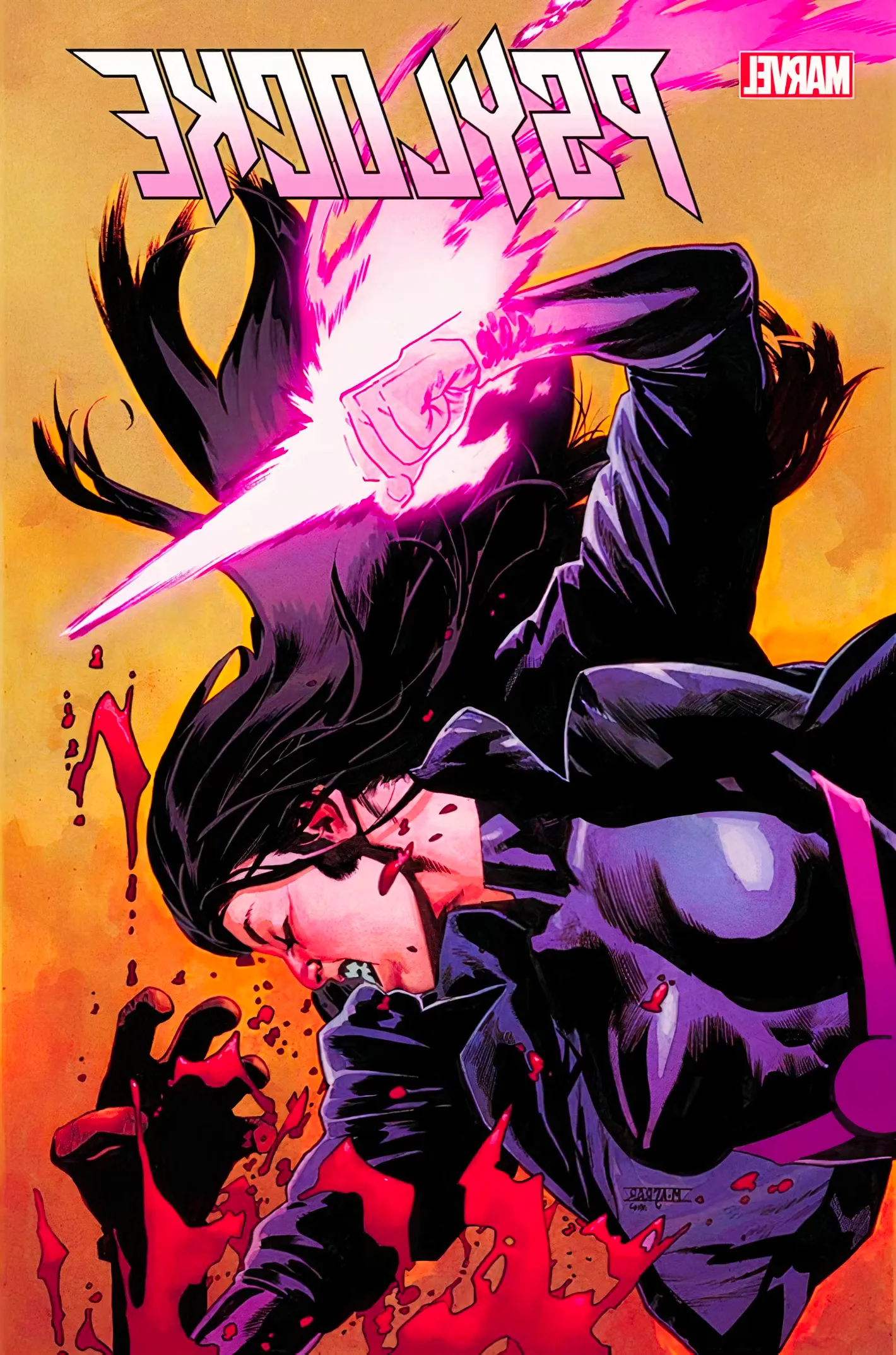 Psylocke #2 main cover, Psylocke stabbing downward with her psychic blade, blood splattering upward Image