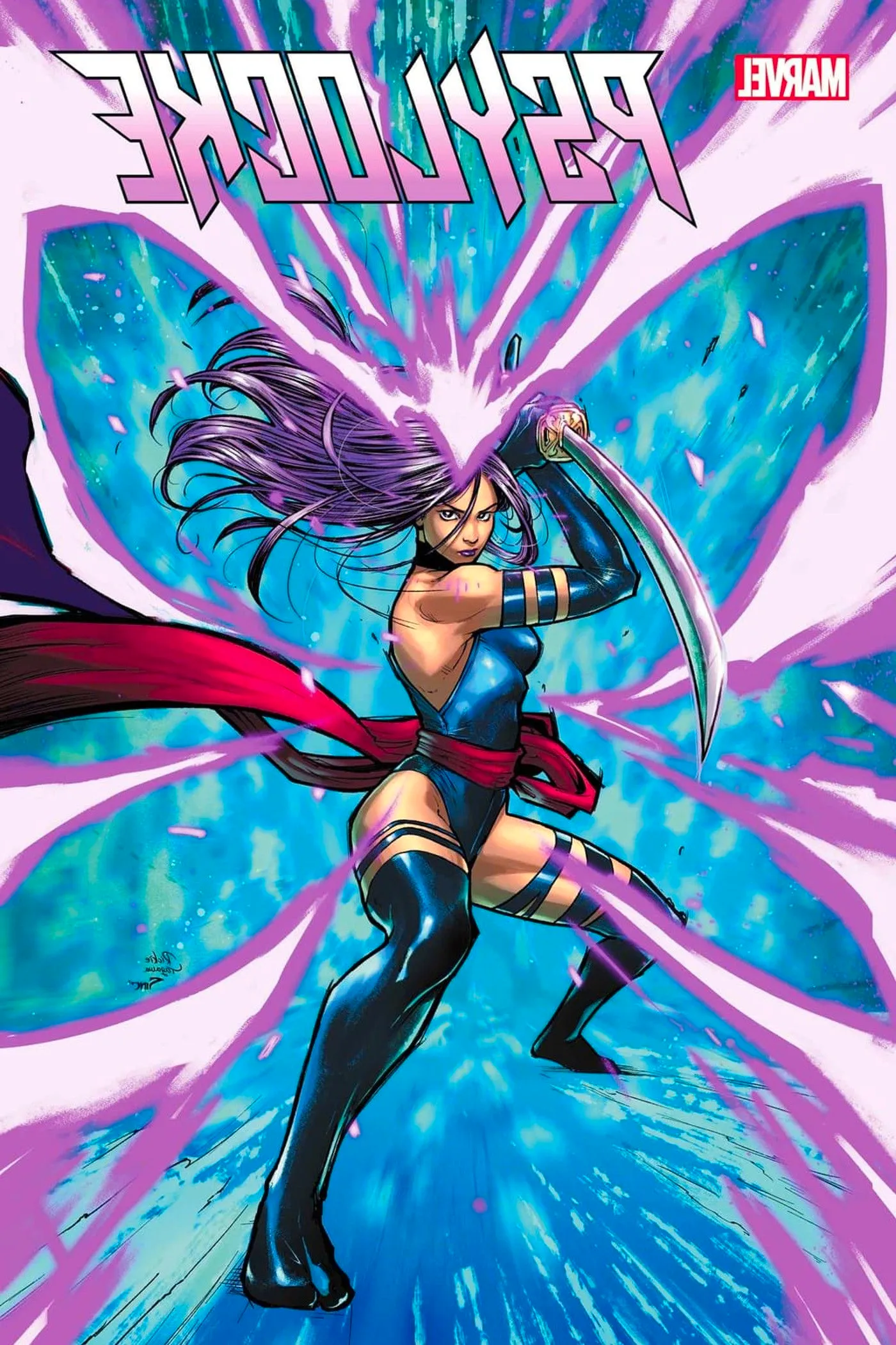 PSYLOCKE (2024) #1 Pink Foil Variant Cover by Rickie Yagawa, Psylocke with psionic energy crackling around her. Image