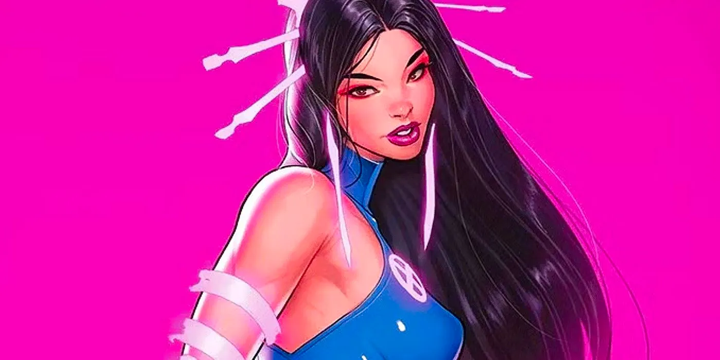 Psylocke in her Hellfire Gala outfit, against a purple backdrop. Image