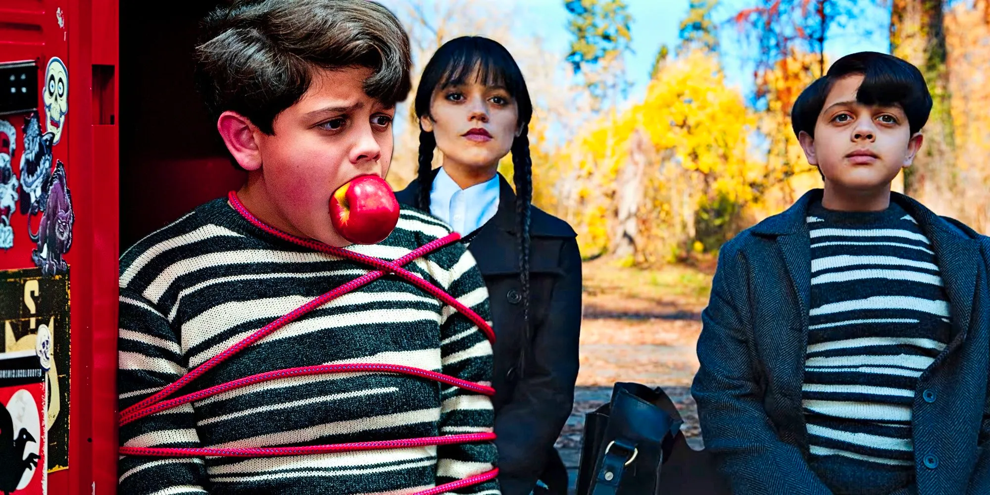 Pugsley Addamswith an apple in his mouth in Wednesday. Image