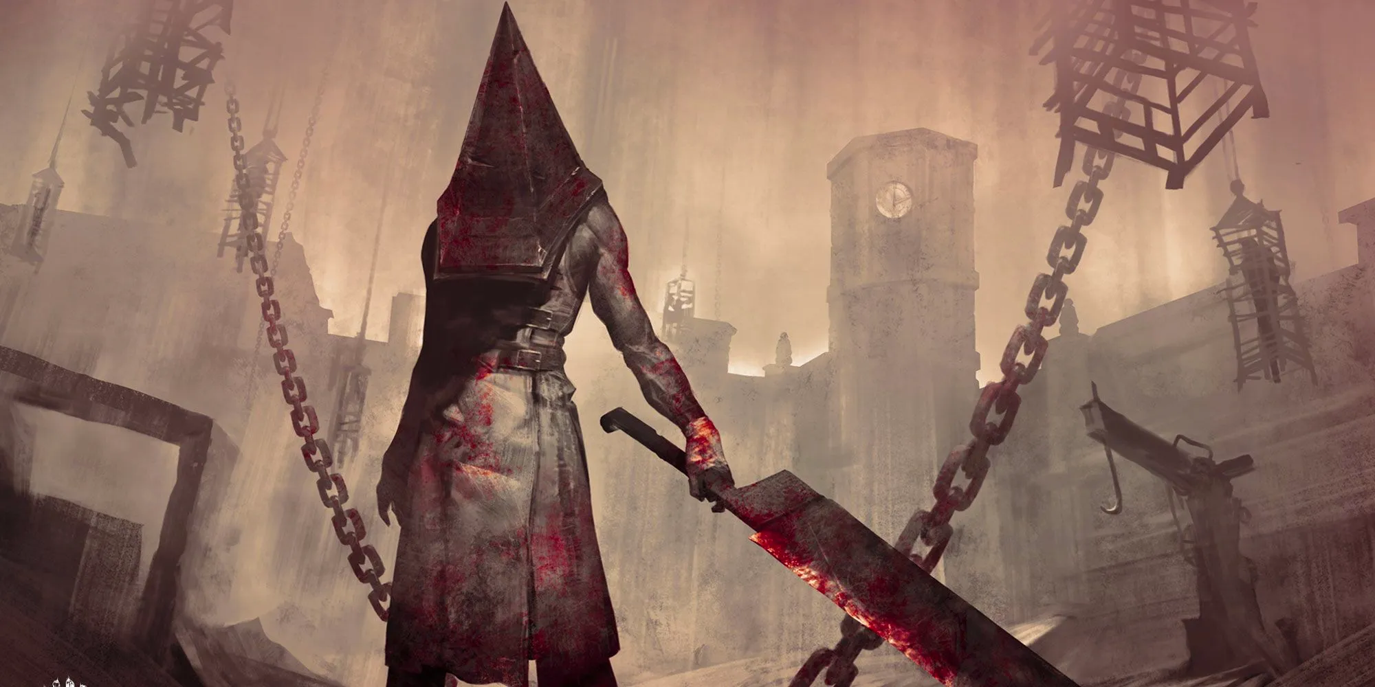 Pyramid Head from the Silent Hill wields his Great Knife in Franchise artwork for Dead by Daylight.  Image