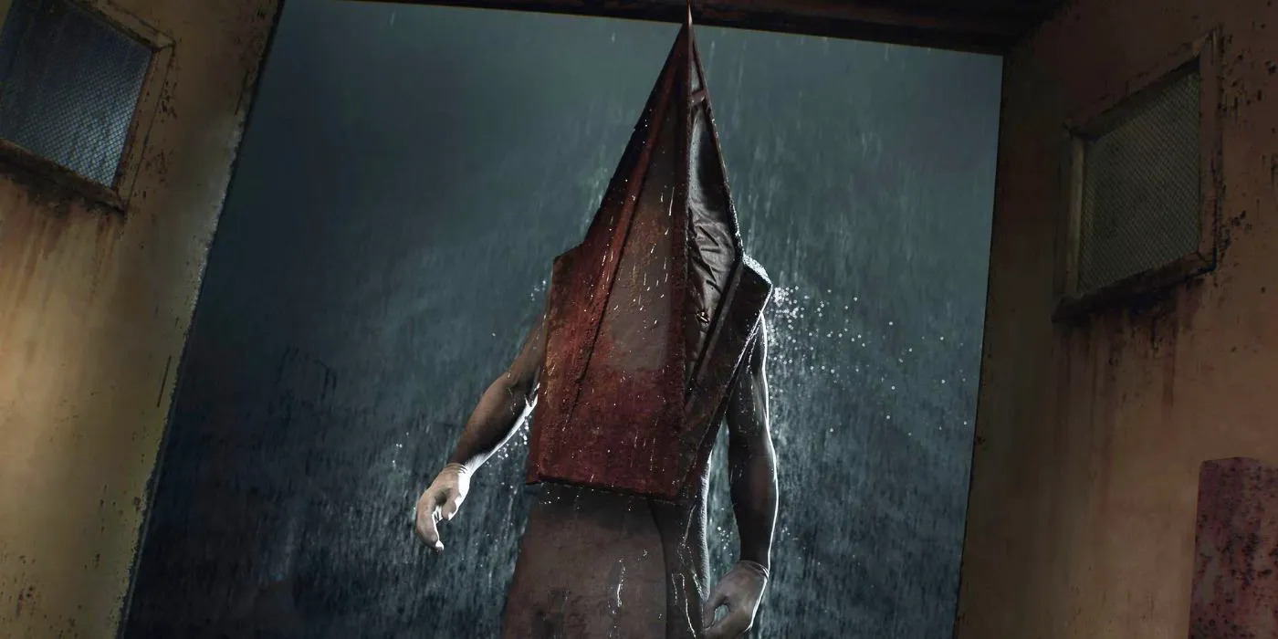 Pyramid Head looming in a rainy door in Silent Hill Remake Image