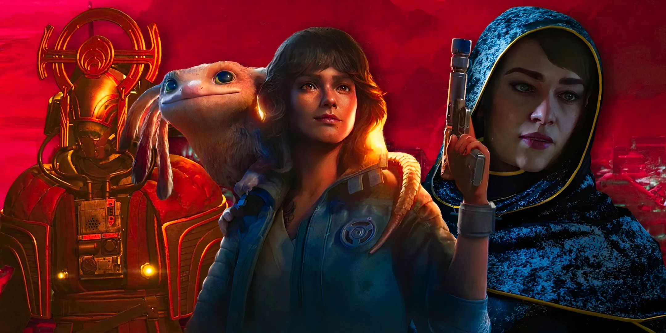 Qi'ra from Star Wars Outlaws on the left, Kay holding a blaster with Nix on her shoulder in the middle, and Queen Ashiga on the right. Image