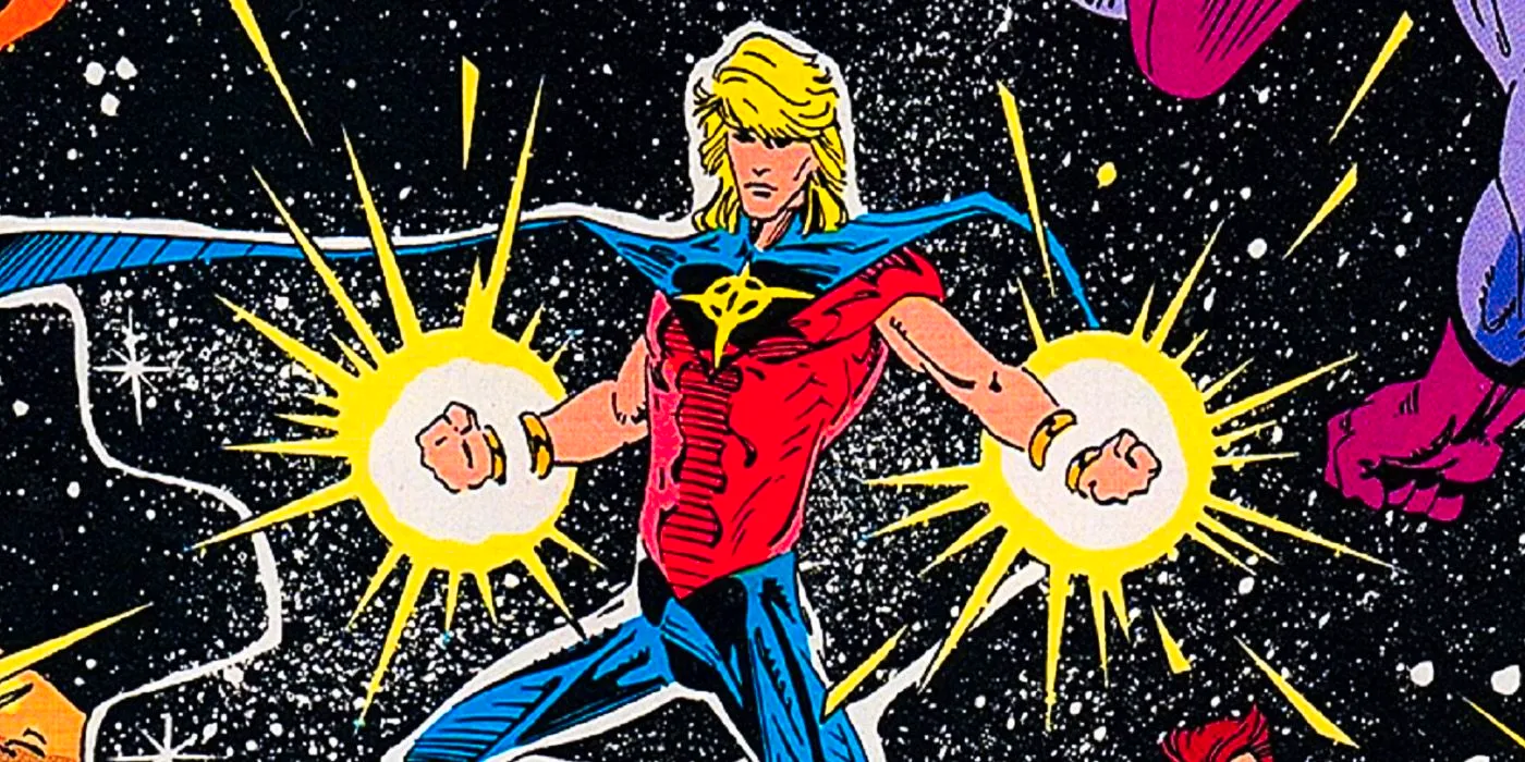 Quasar using the Quantum Bands in space in Marvel Comics Image