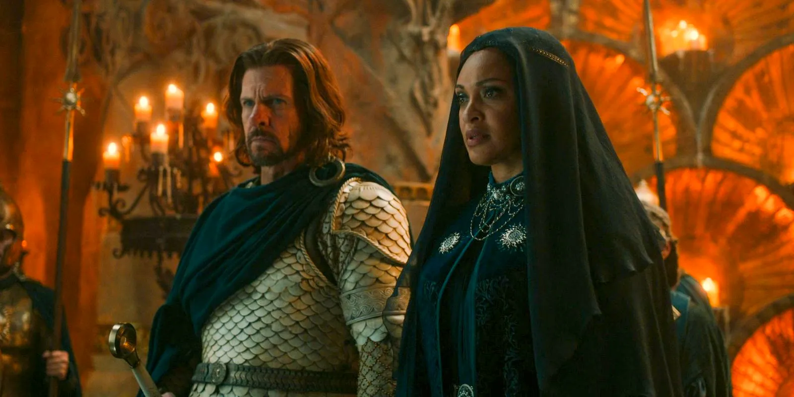 Queen Regent Míriel (Cynthia Addai-Robinson) and Captain Elendil (Lloyd Owen) at the king's funeral in The Lord of the Rings: The Rings of Power Season 2 Episode 3  Image