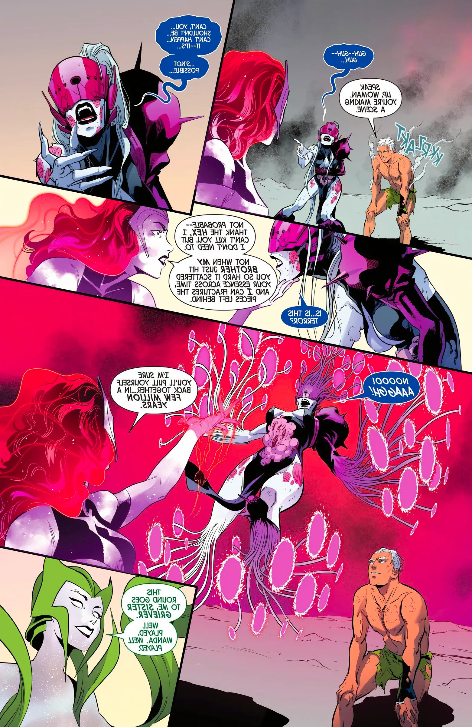 Quicksilver kneels being Griever after he and Scarlet Witch defeat the entity.  Image