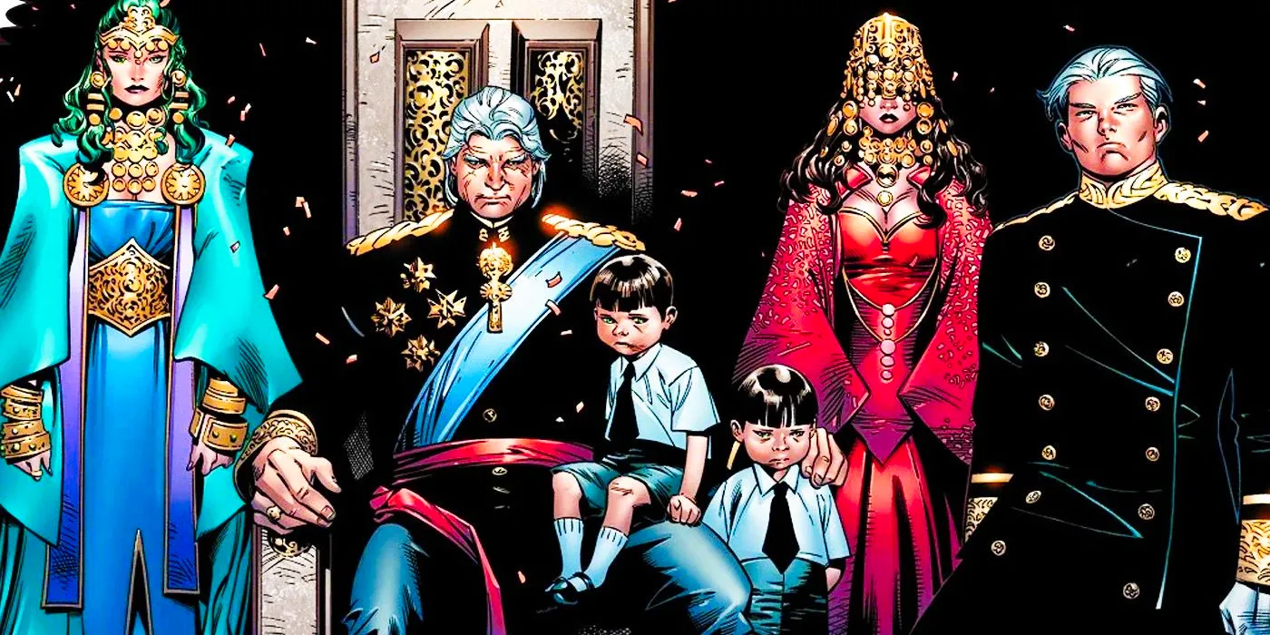 Quicksilver, Scarlet Witch, Tommy and Billy, Magneto, and Polaris in House of M royal garb.  Image