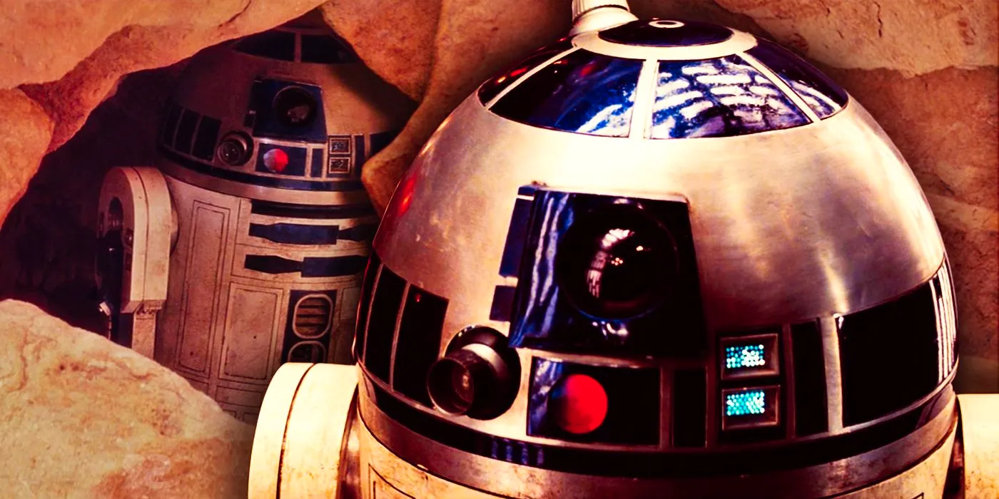 R2-D2 in Star Wars: Episode IV - A New Hope, with another picture of R2-D2 hiding in a cave behind some rocks..  Image