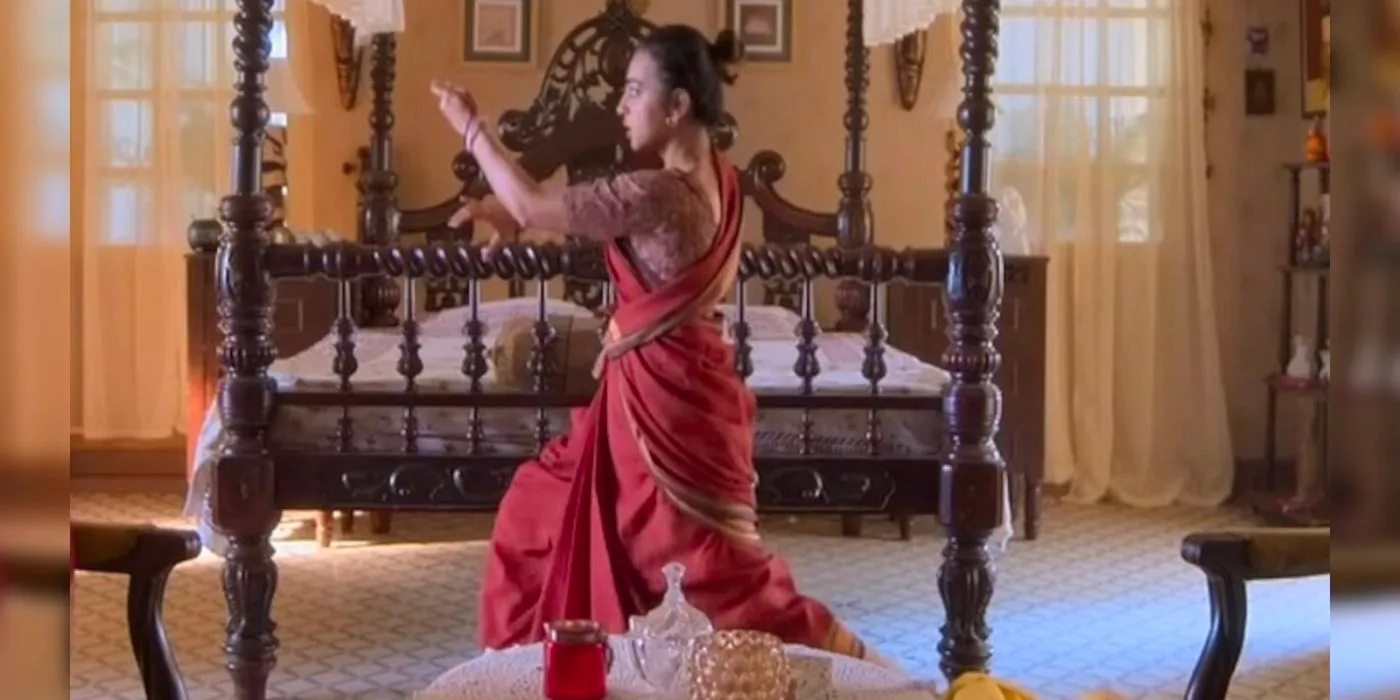 Radhika Apte as Durga practicing fighting moves in her bedroom in Mrs Undercover. Image