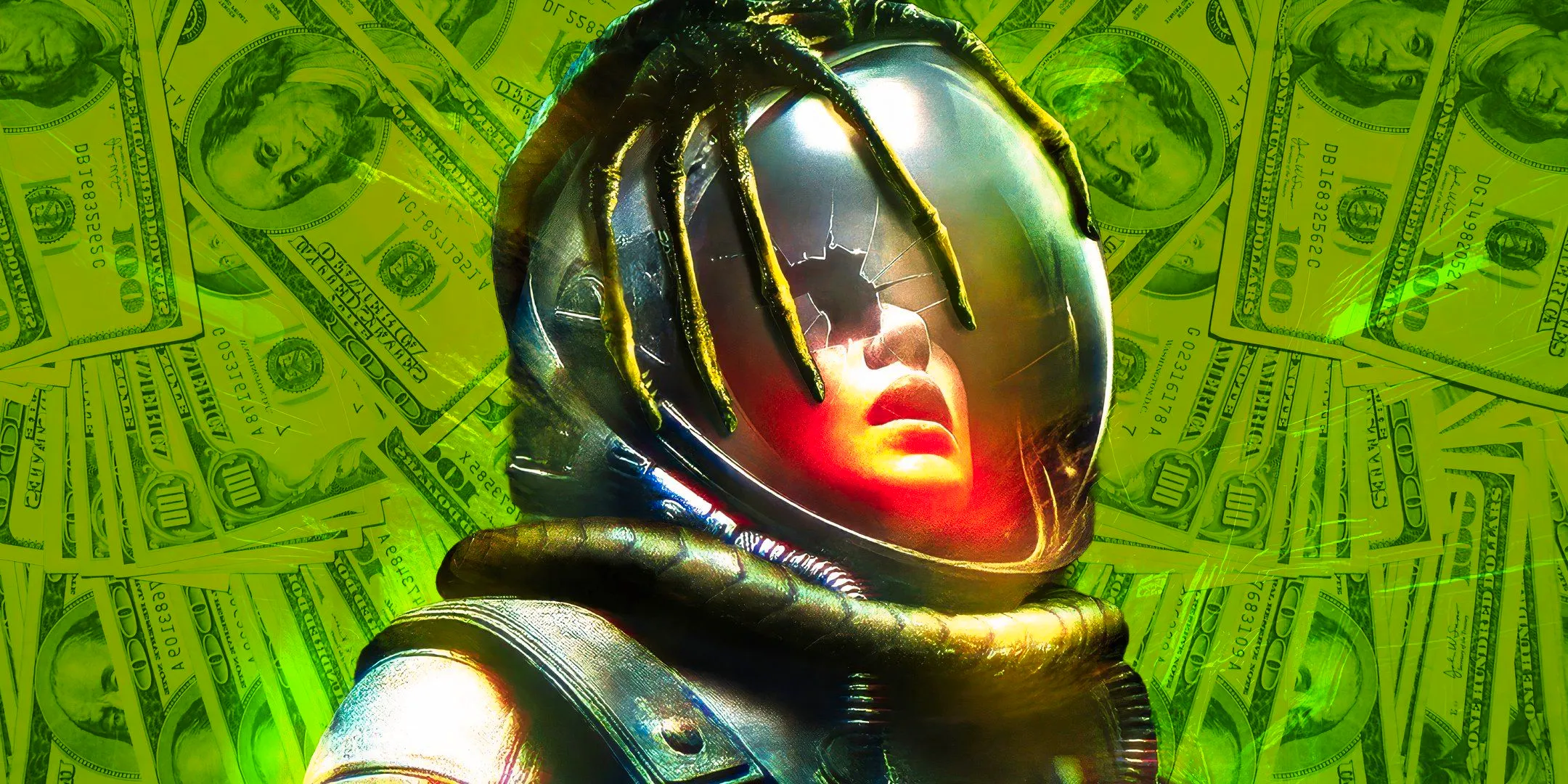 Rain with facehugger in Alien: Romulus with money behind her Image