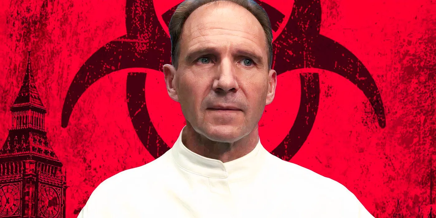 Ralph Fiennes from The Menu in front of the 28 Days Later logo Image