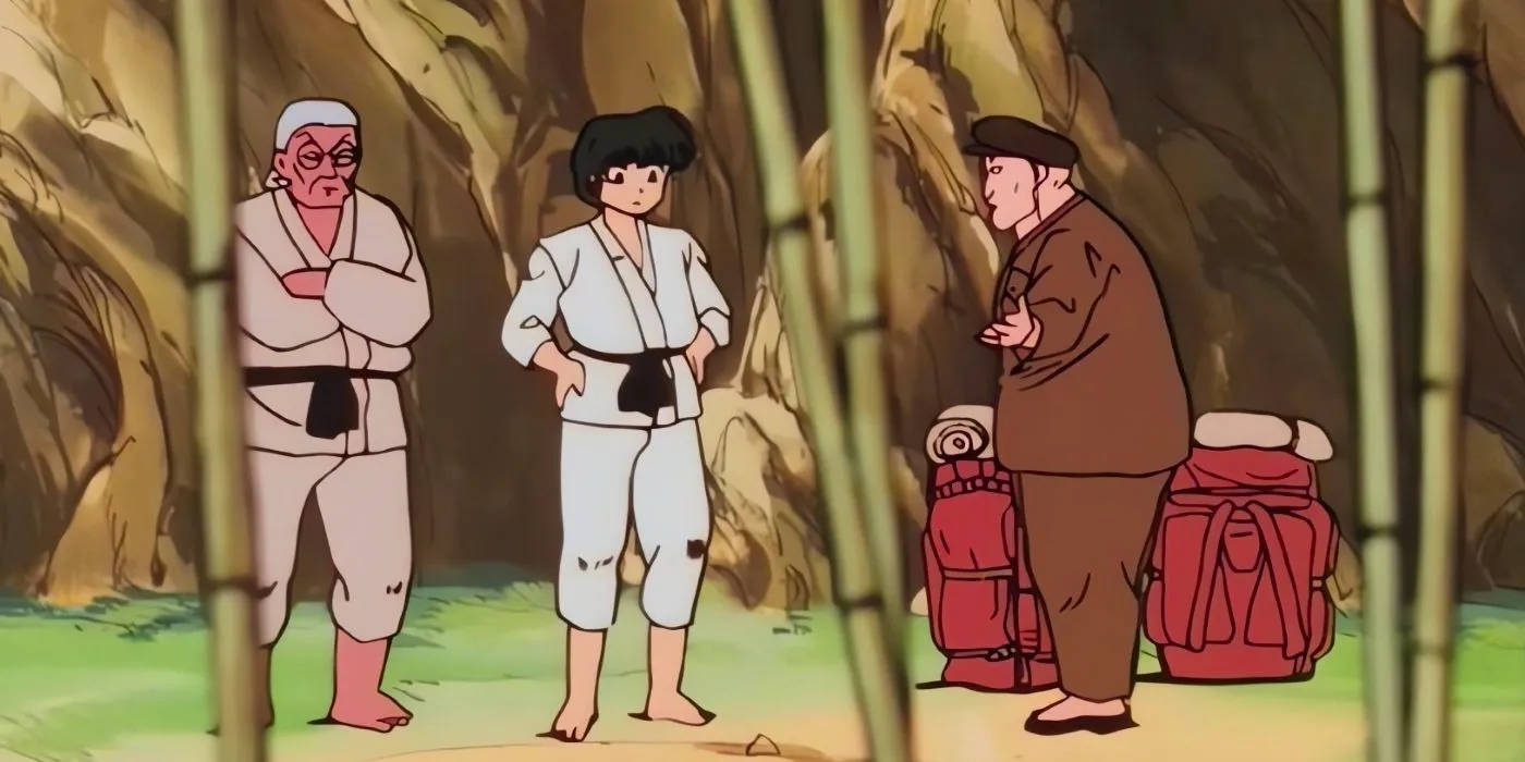 Ranma and Genma speaking with the Jusenkyo guide. Image