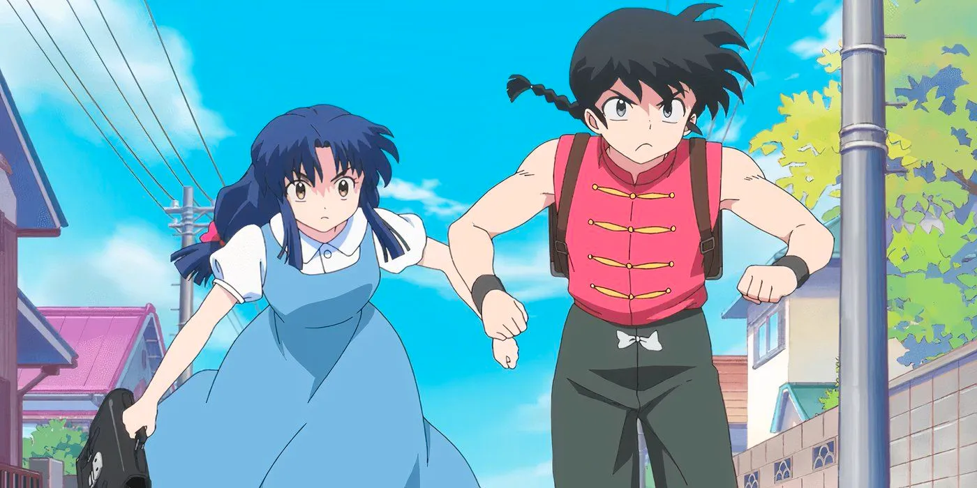 Ranma Remake: a boy and a girl running down a street, looking serious Image