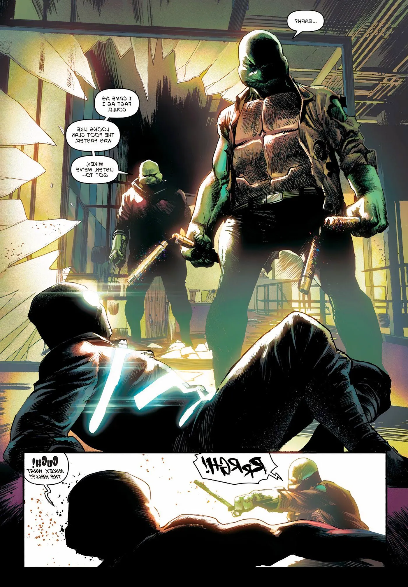 Raphael arrives to help Michelangelo fight ninjas, but Mikey turns around and attacks him Image