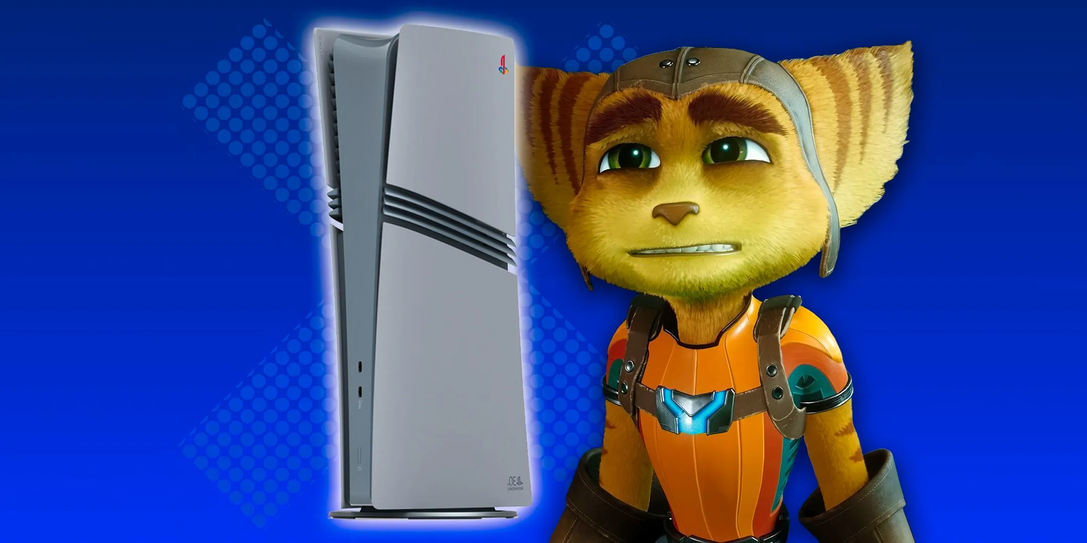 Ratchet next to a 30th Anniversary PS5 Pro grimacing. Image