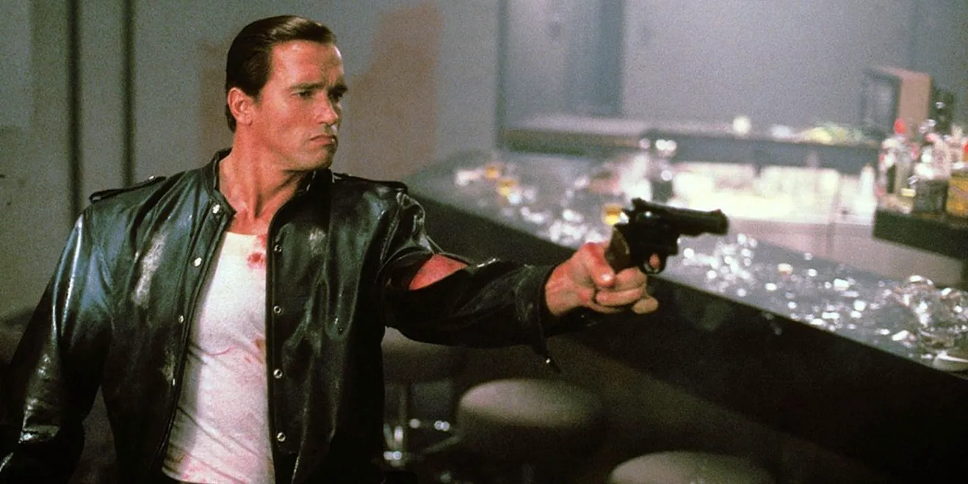 Raw Deal - Arnold Schwarzenegger wearing a leather jacket about to shoot a pistol  Image