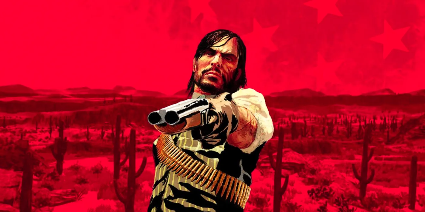 Red Dead Redemption promo art featuring John Marston aiming his shotgun. Image