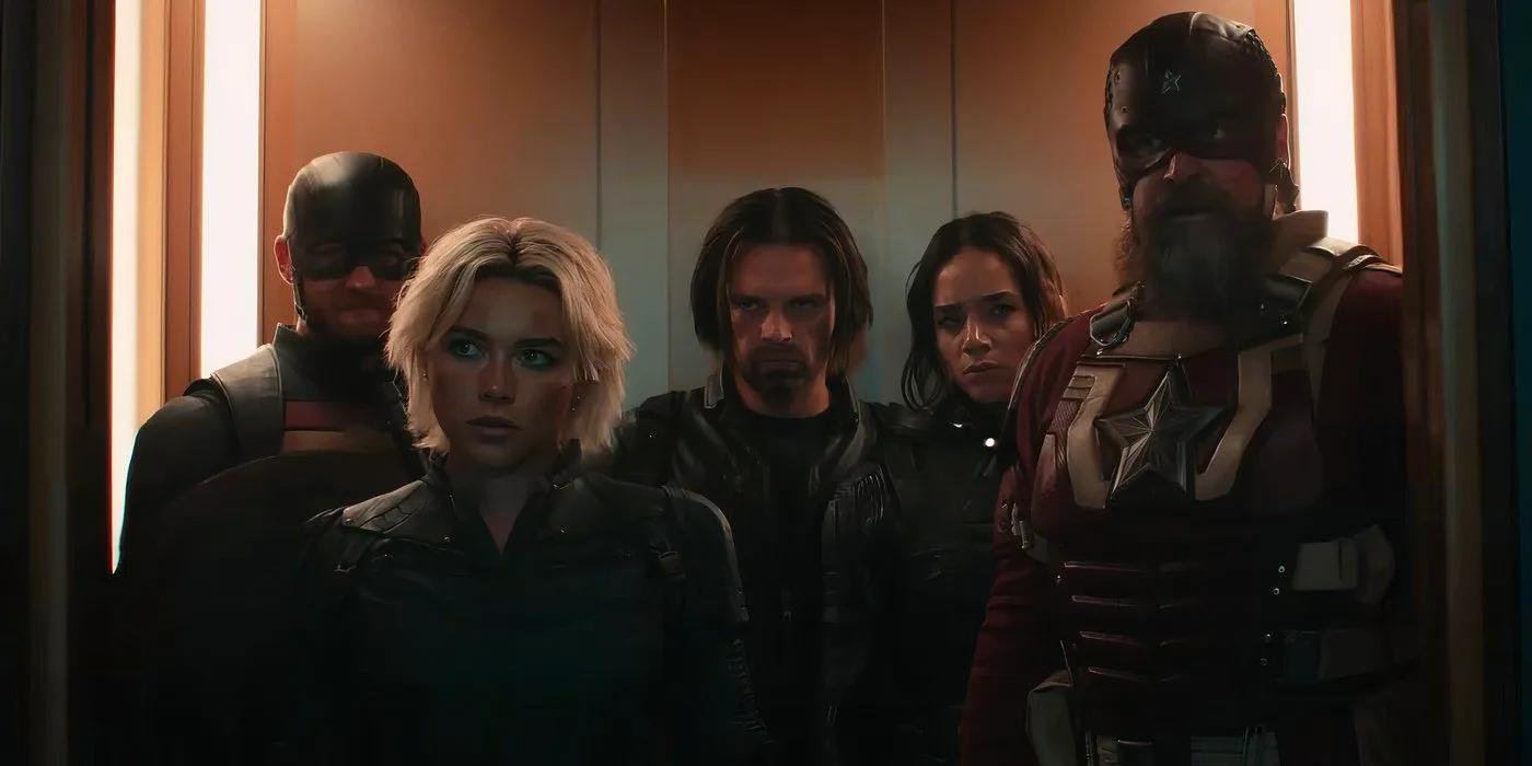 Red Guardian, Ghost, Bucky Barnes, Yelena Belova, and US Agent stand in an elevator in the Marvel film Thunderbolts* Image