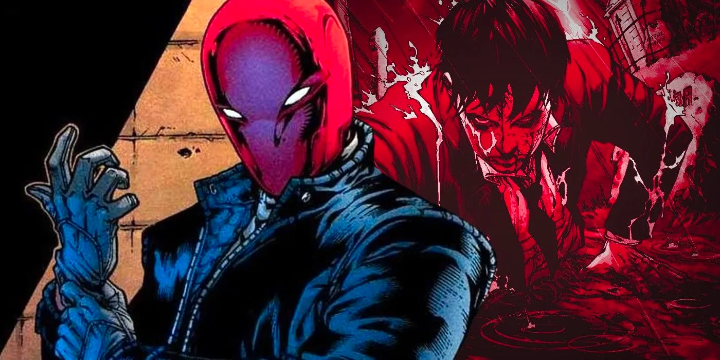 Red Hood (foreground) with Jason Todd rising from the grave in the background. Image